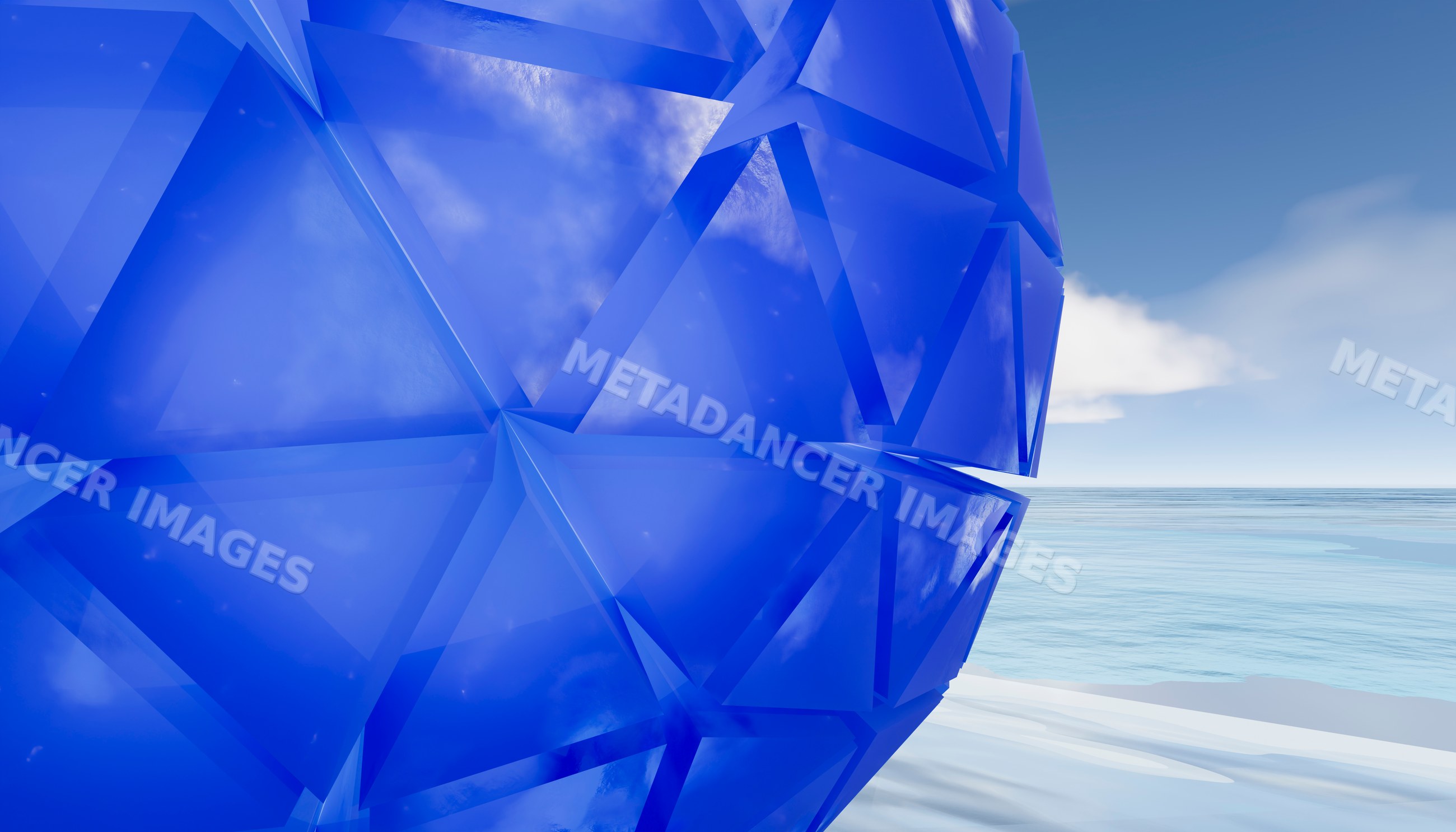 Blue geometric glass sphere with triangular facets by calm ocean