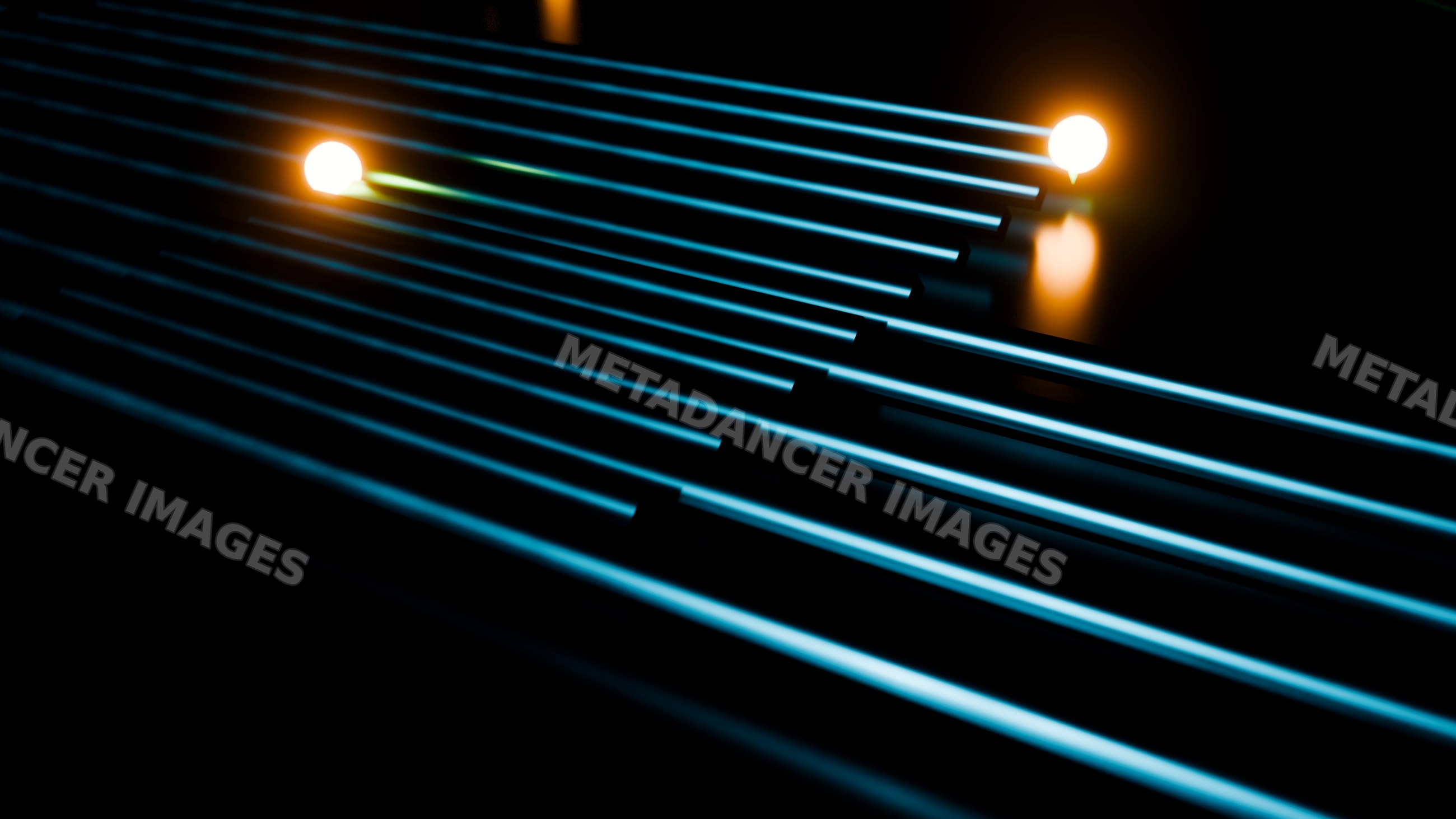Blue light beams featuring glowing orange spheres in dark space