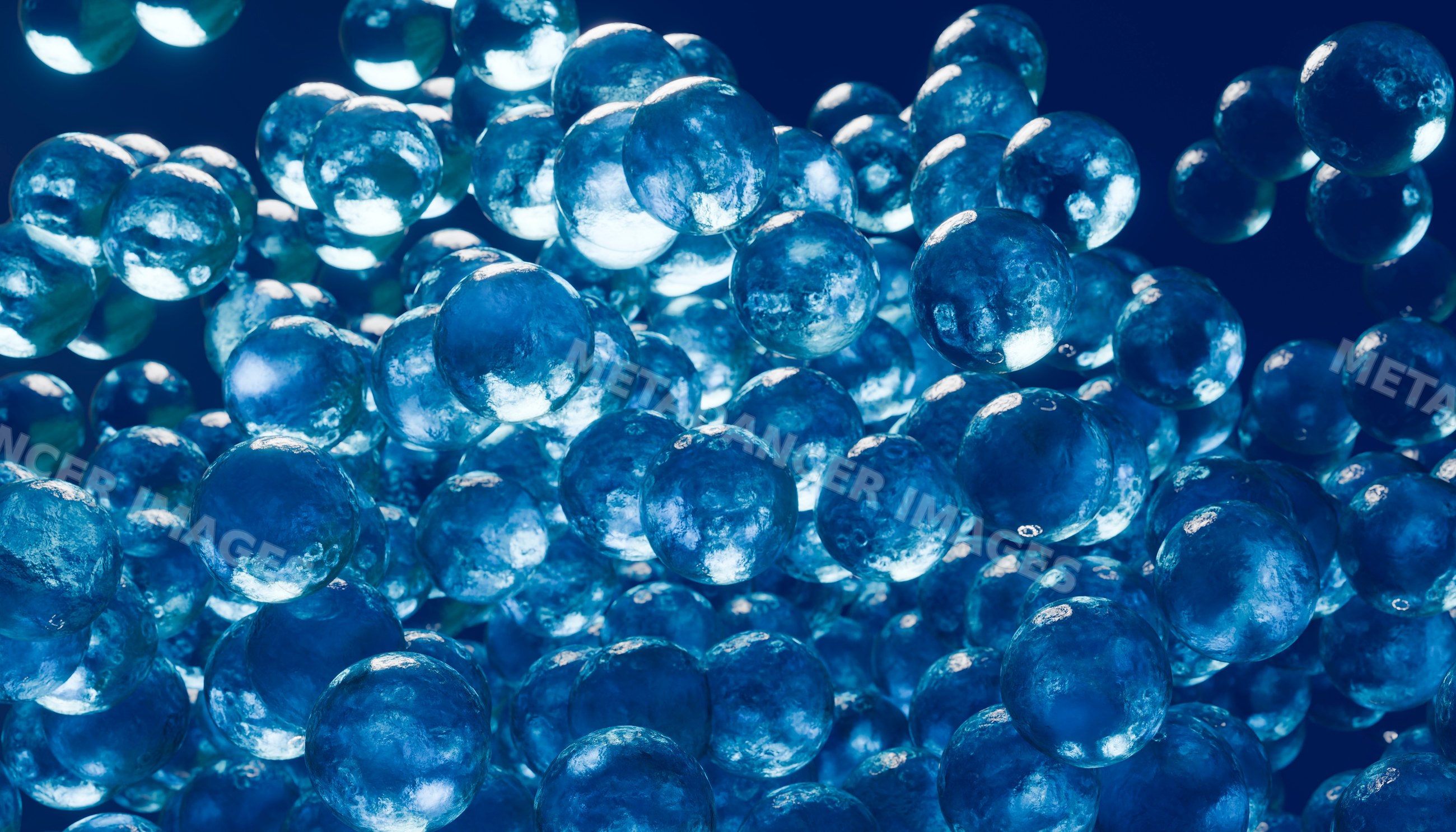 Macro close-up of floating blue translucent gel spheres