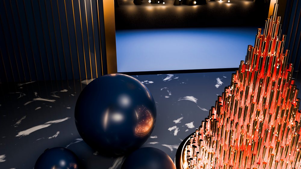 Modern black sphere and gold tube metal sculpture art installation