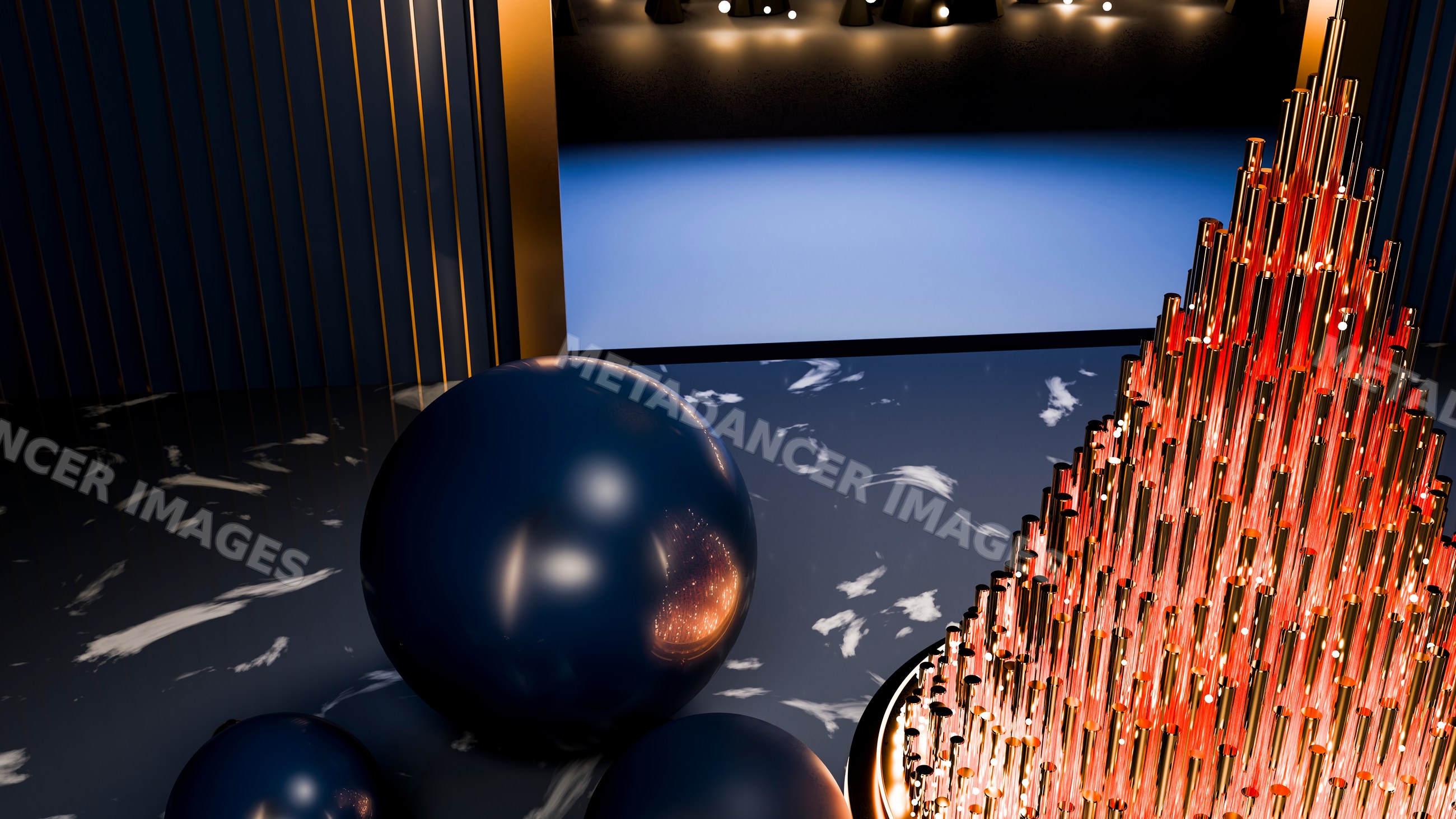 Modern black sphere and gold tube metal sculpture art installation
