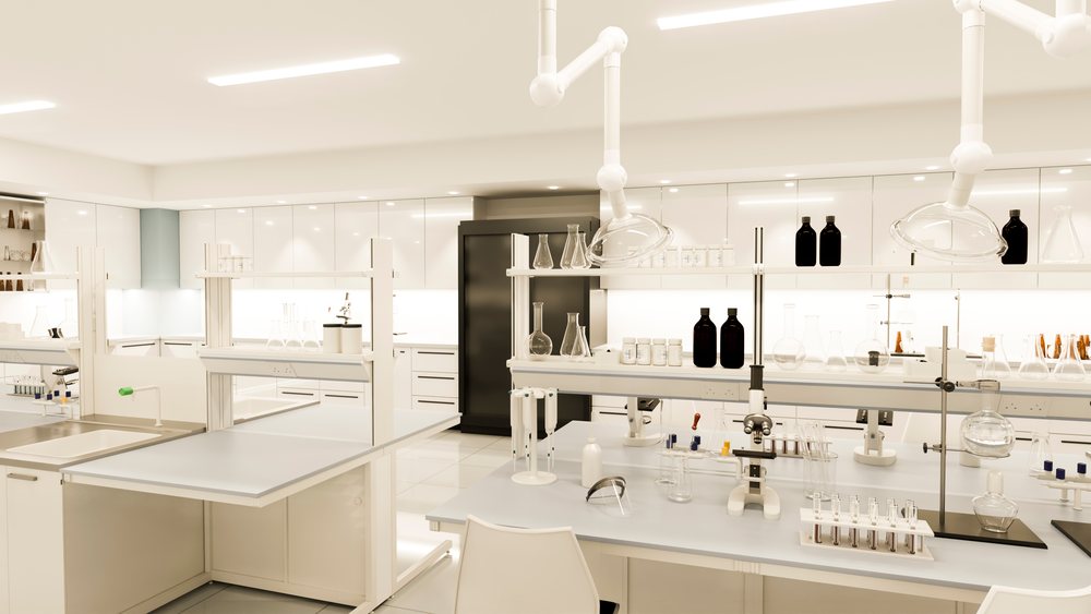 Laboratory with scientific glassware and microscopes on research