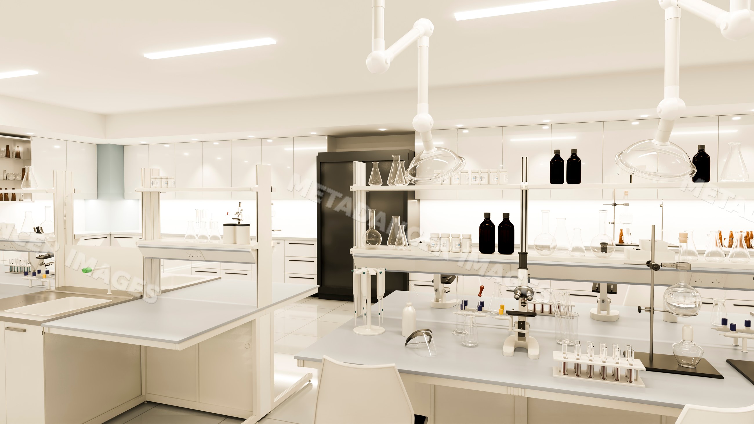Laboratory with scientific glassware and microscopes on research