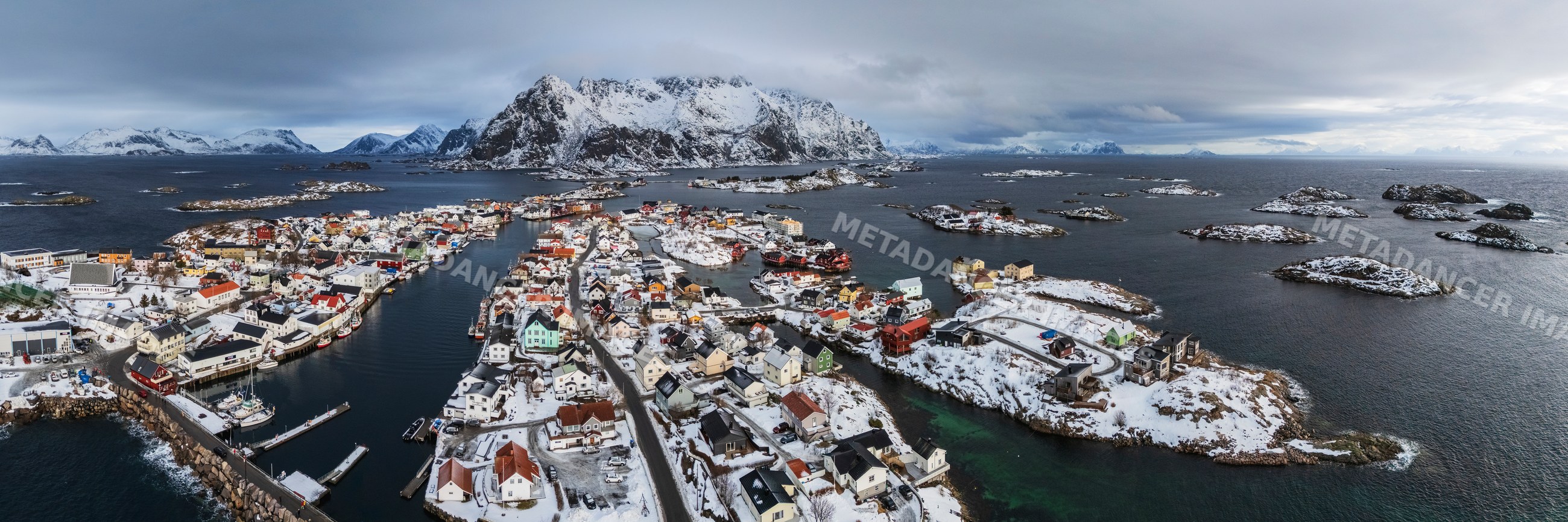Aerial view of the town of Henningsvaer in Lofoten, Norway