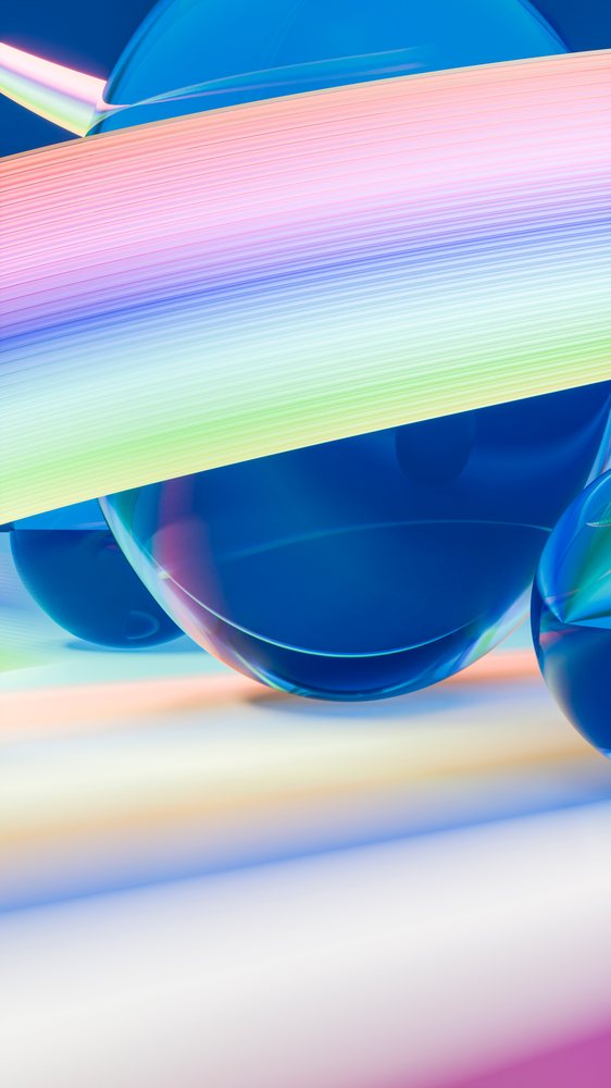 Abstract digital illustration of blue spheres with colorful ribbon