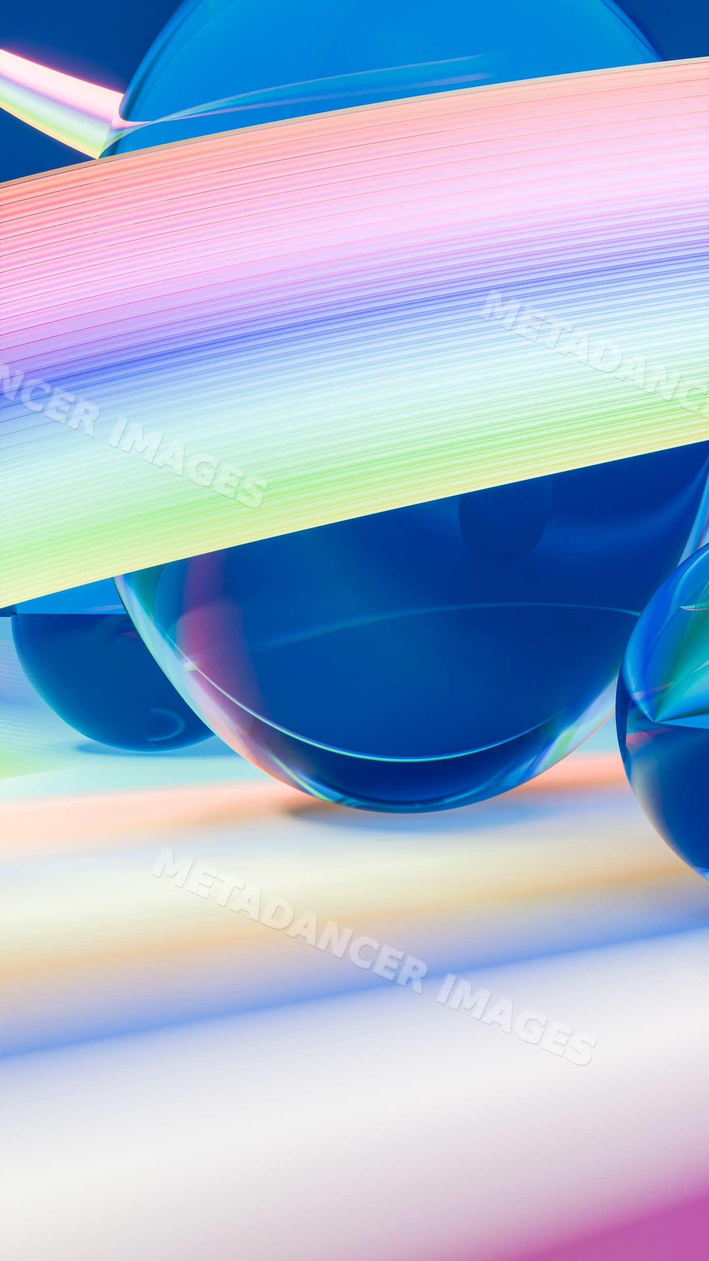 Abstract digital illustration of blue spheres with colorful ribbon