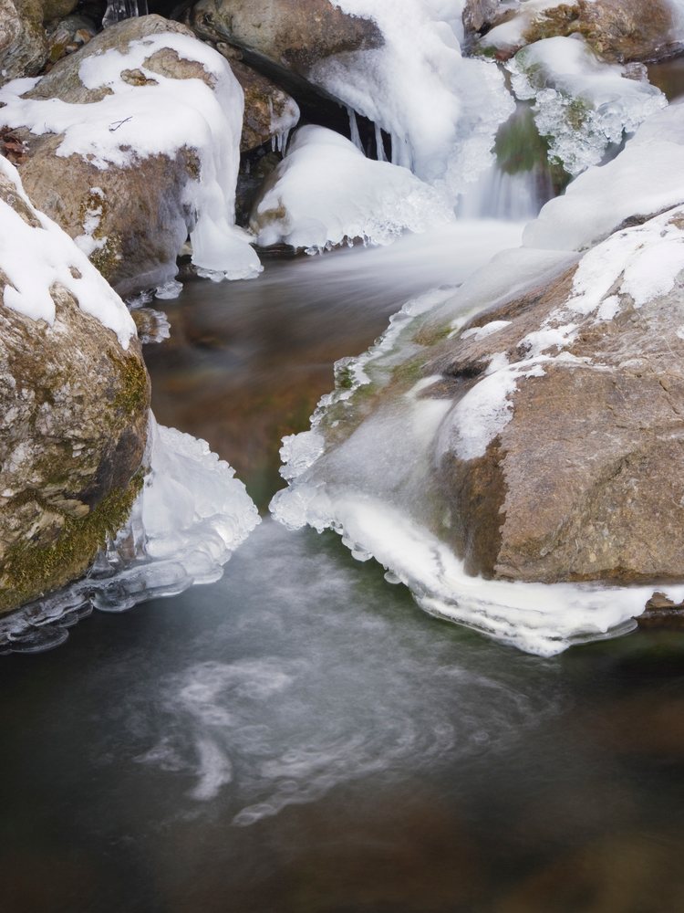 Stream flowing around snow-covered rocks landscape