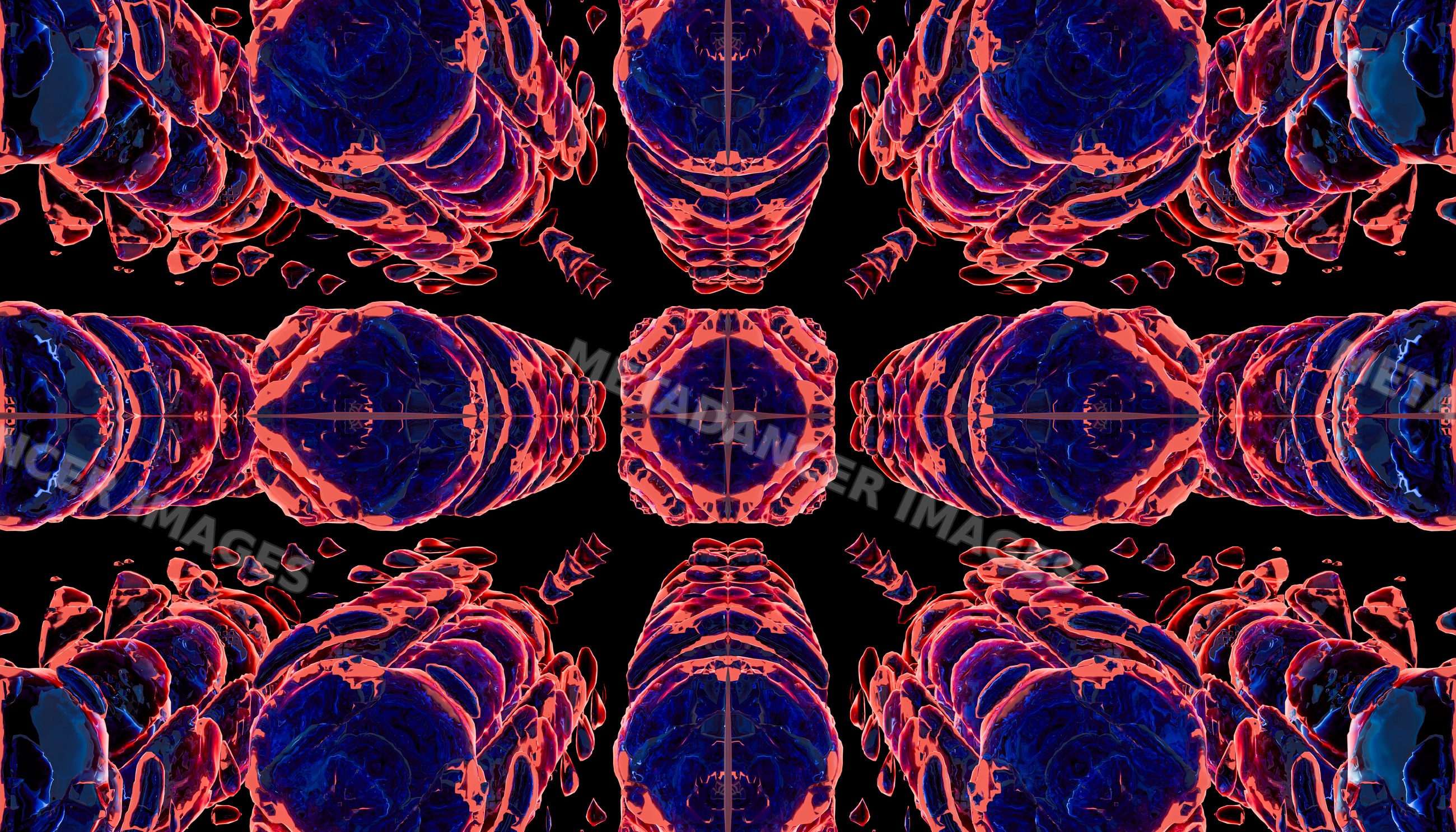 3d abstract symmetrical pattern with blue and red digital shapes