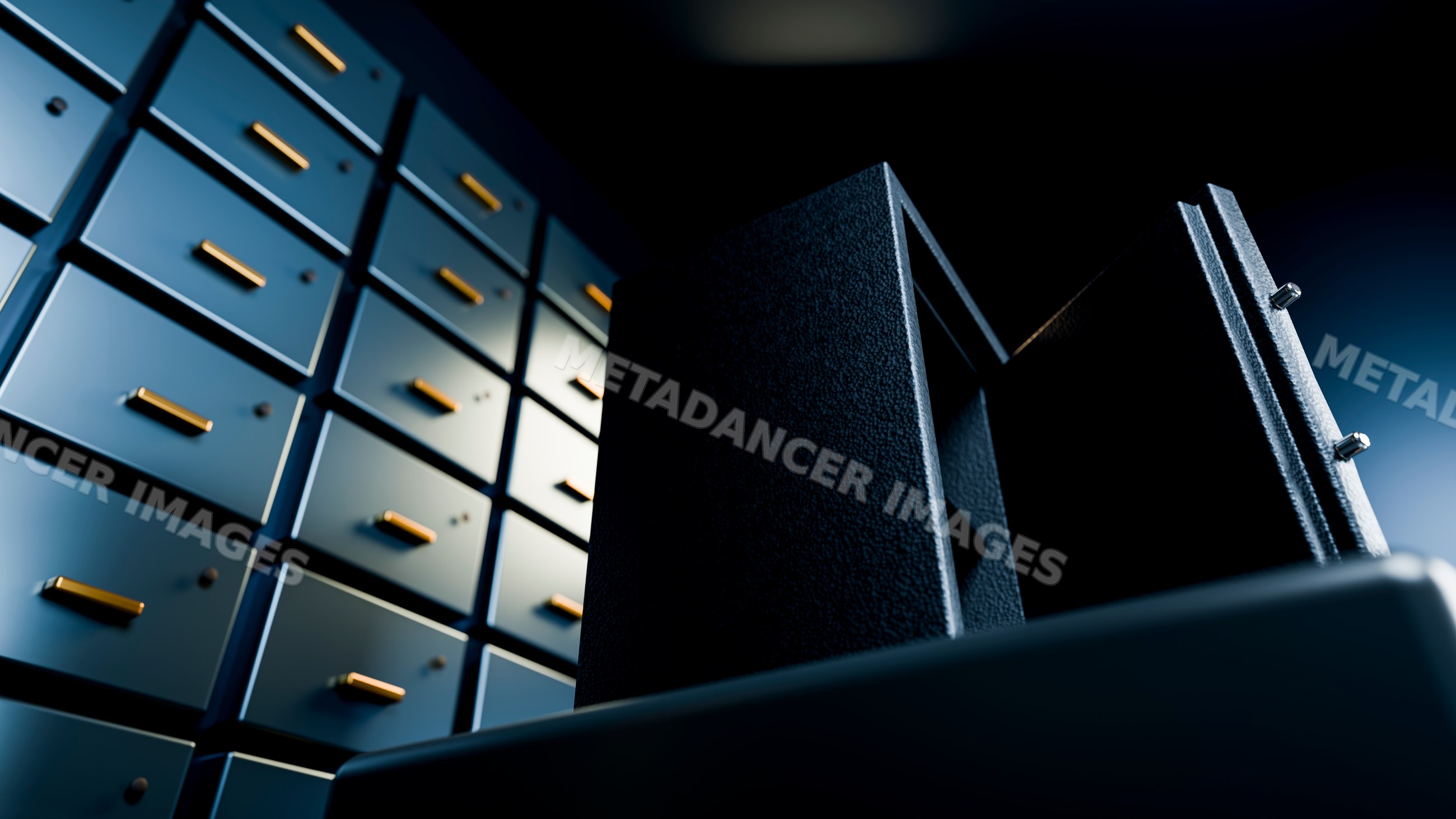 Open metal safe with locking pins near metal cabinets