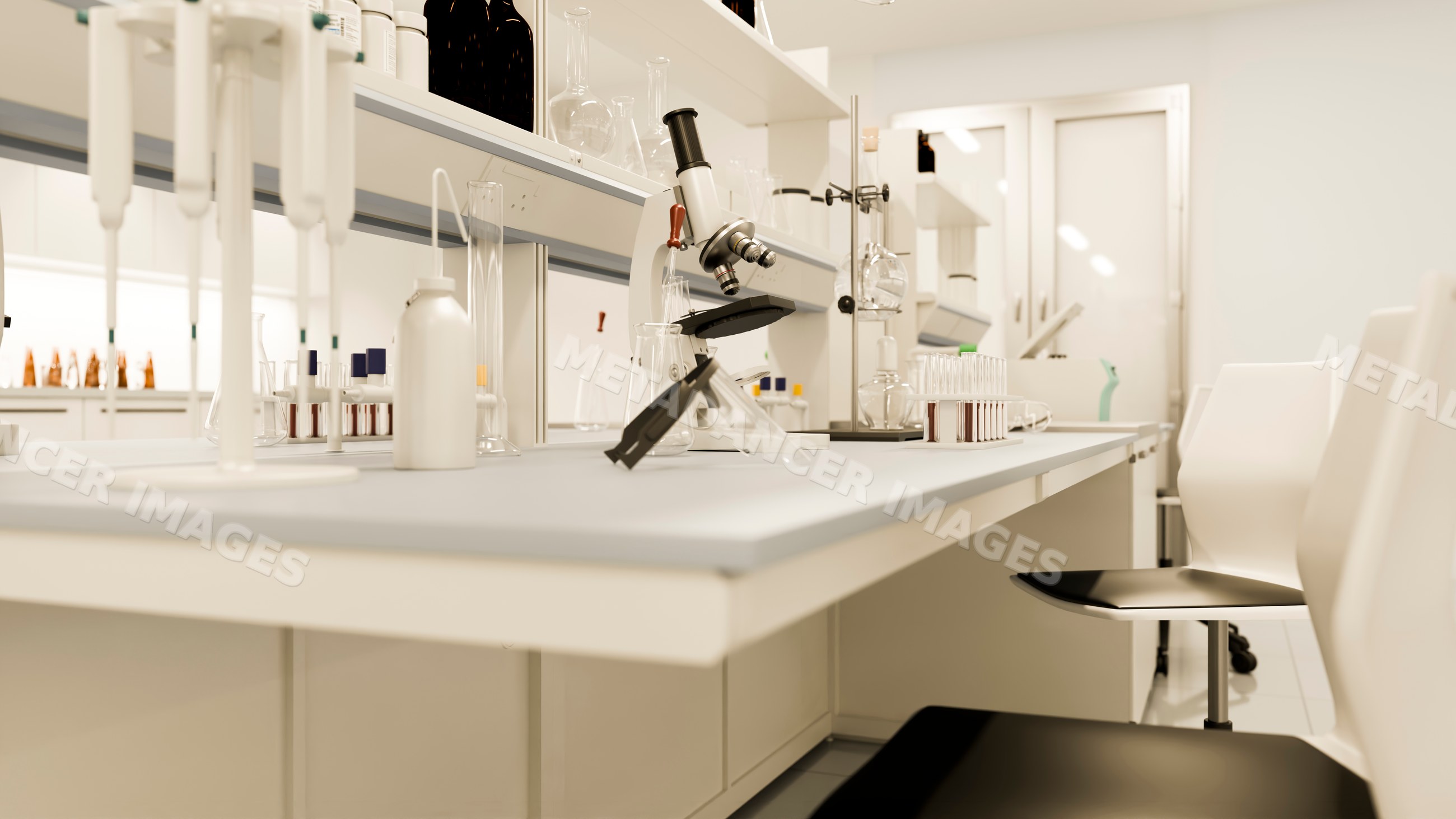 Microscope and scientific glassware on a laboratory bench