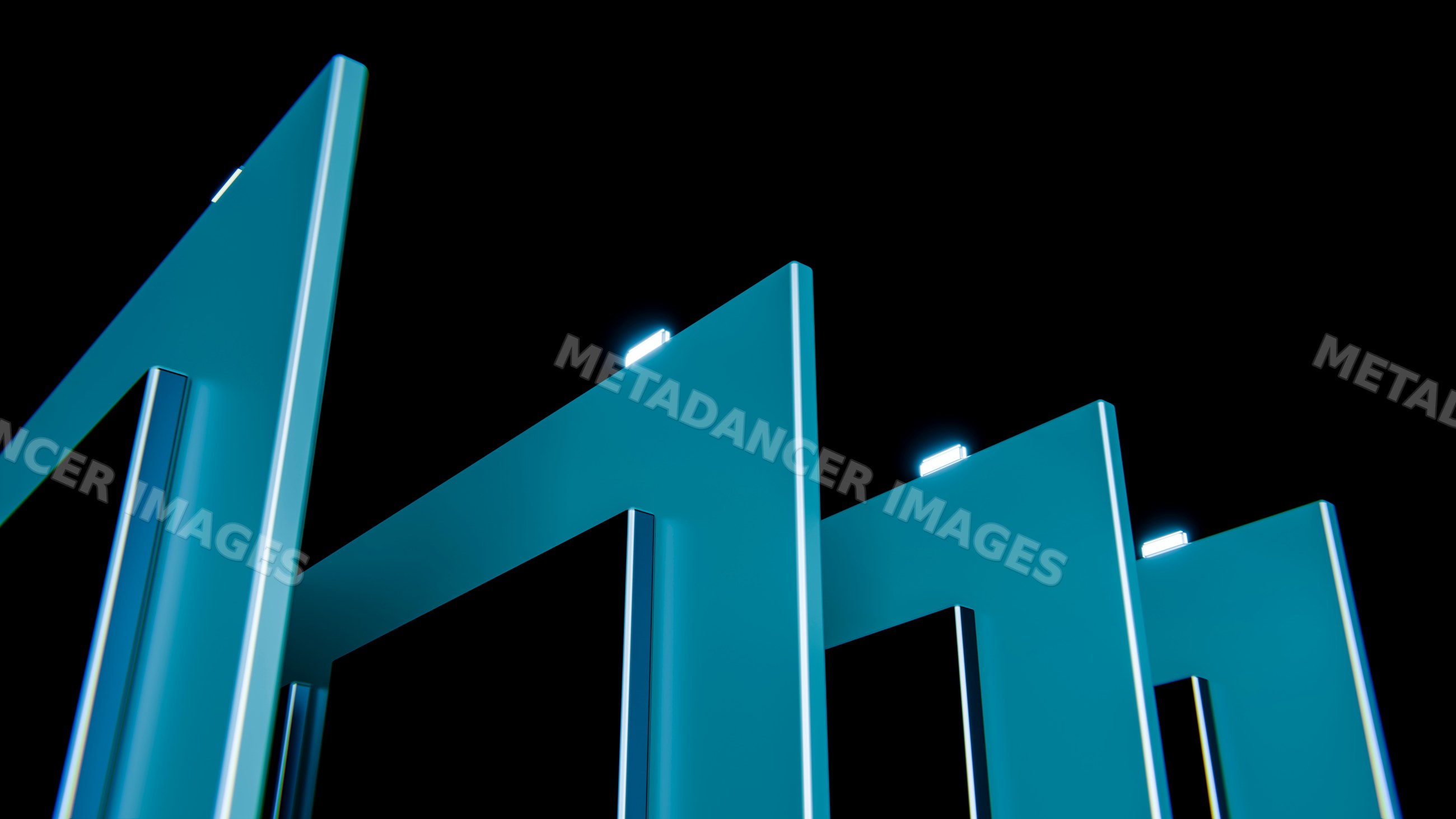 Blue glowing abstract geometric 3d shapes on dark background