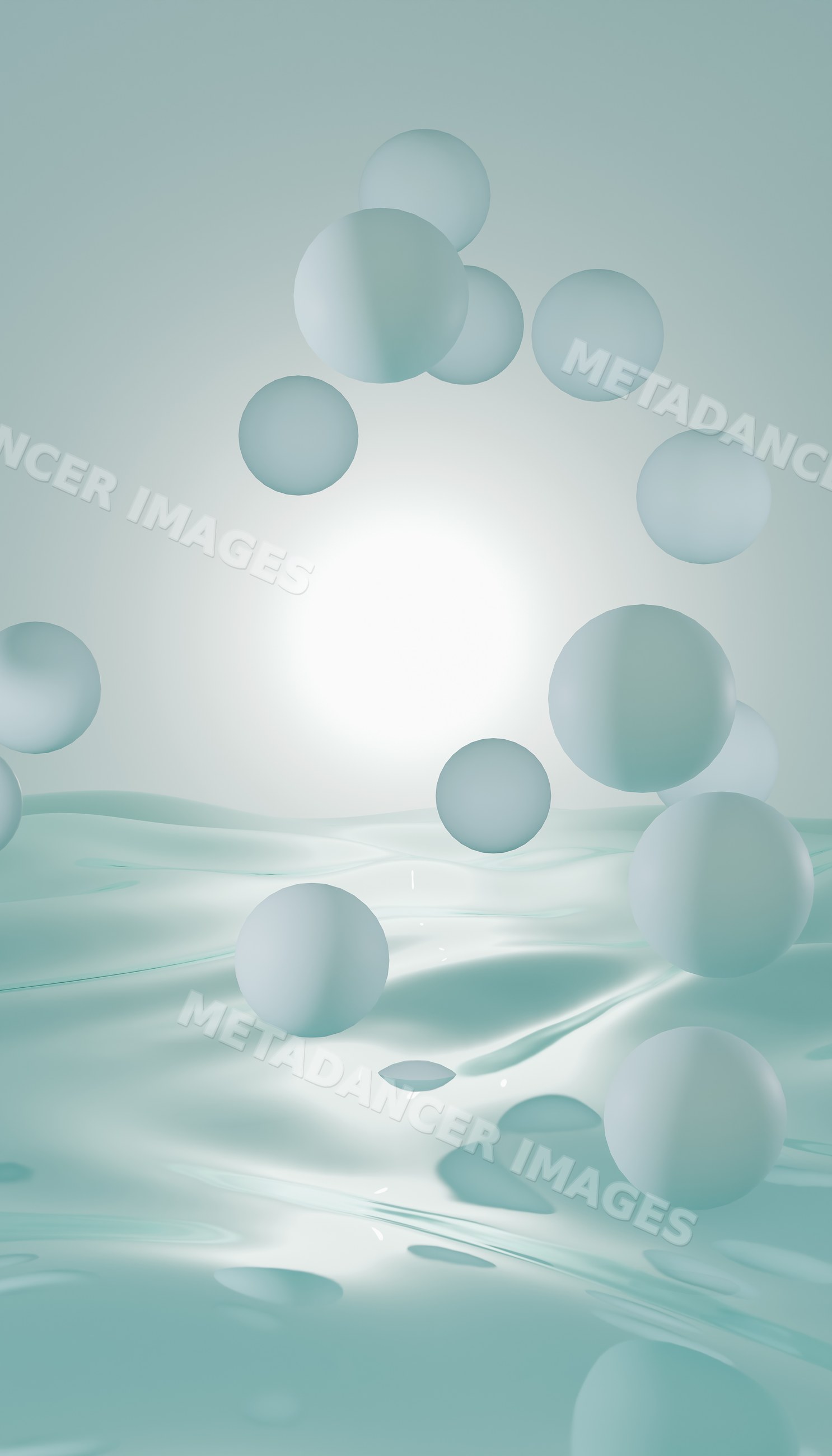 Abstract 3d render of floating spheres over water surface