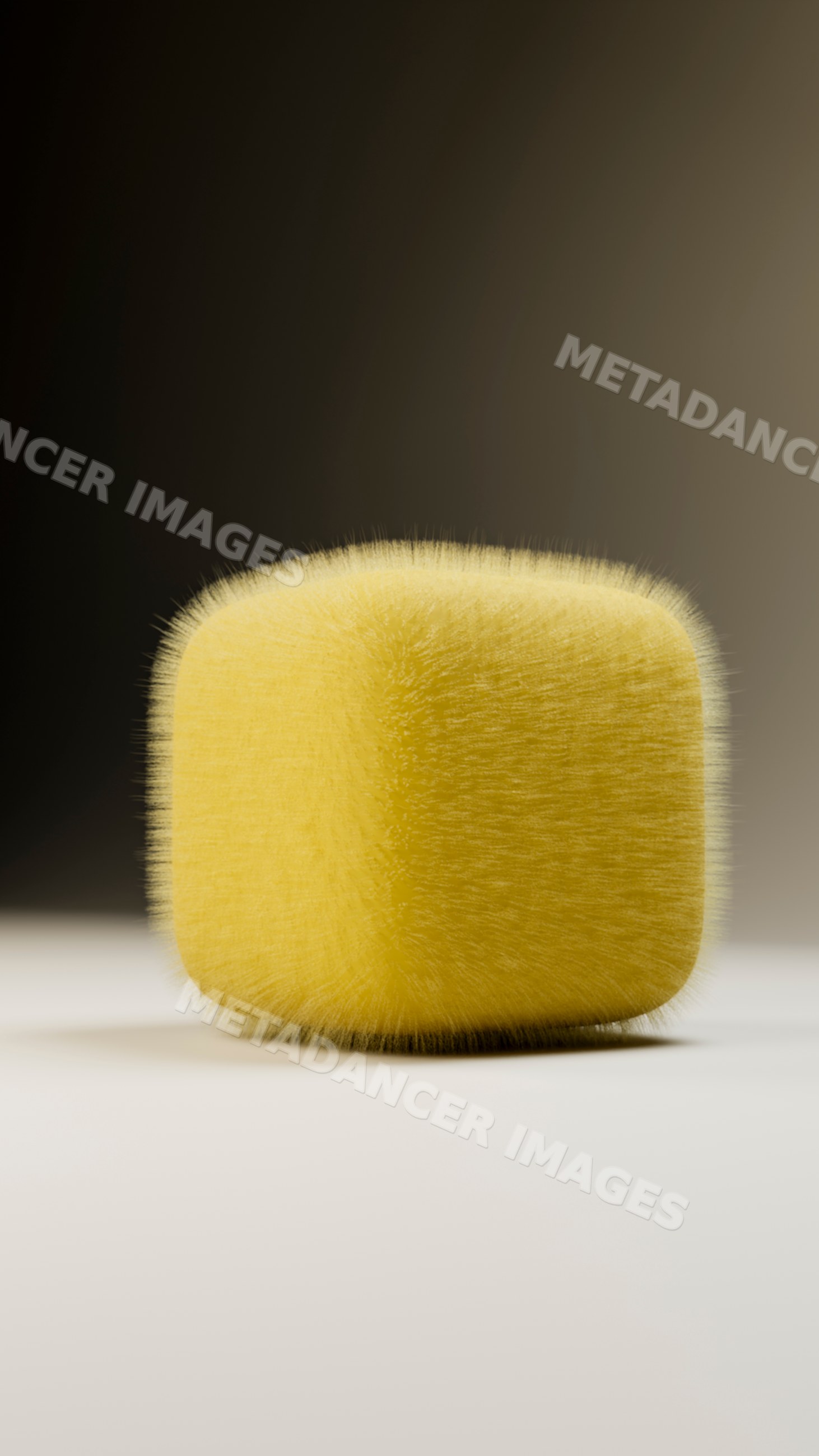 Yellow furry cube with soft texture in studio setting