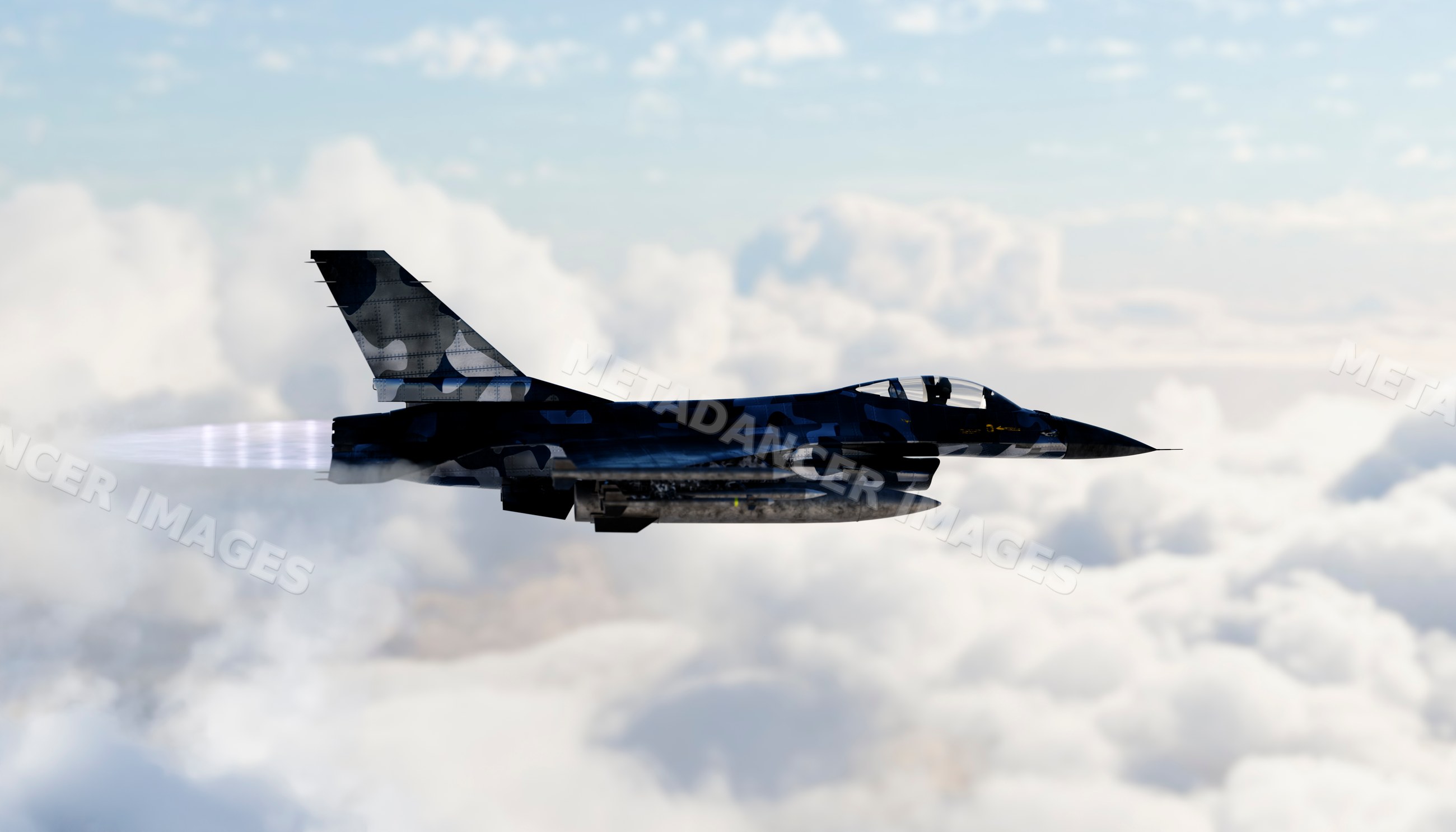 Military jet flying fast above clouds in clear sky