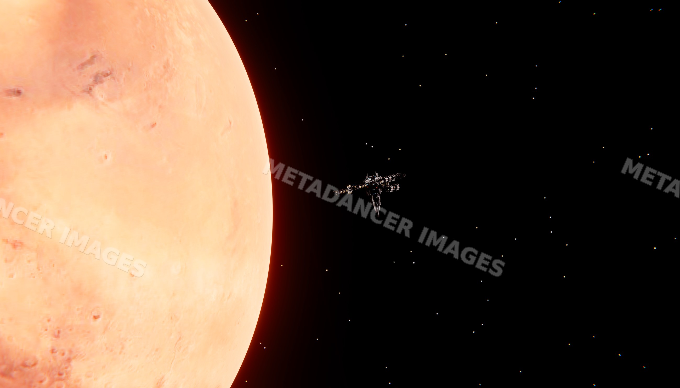 A large planet and a distant space station are depicted in outer space