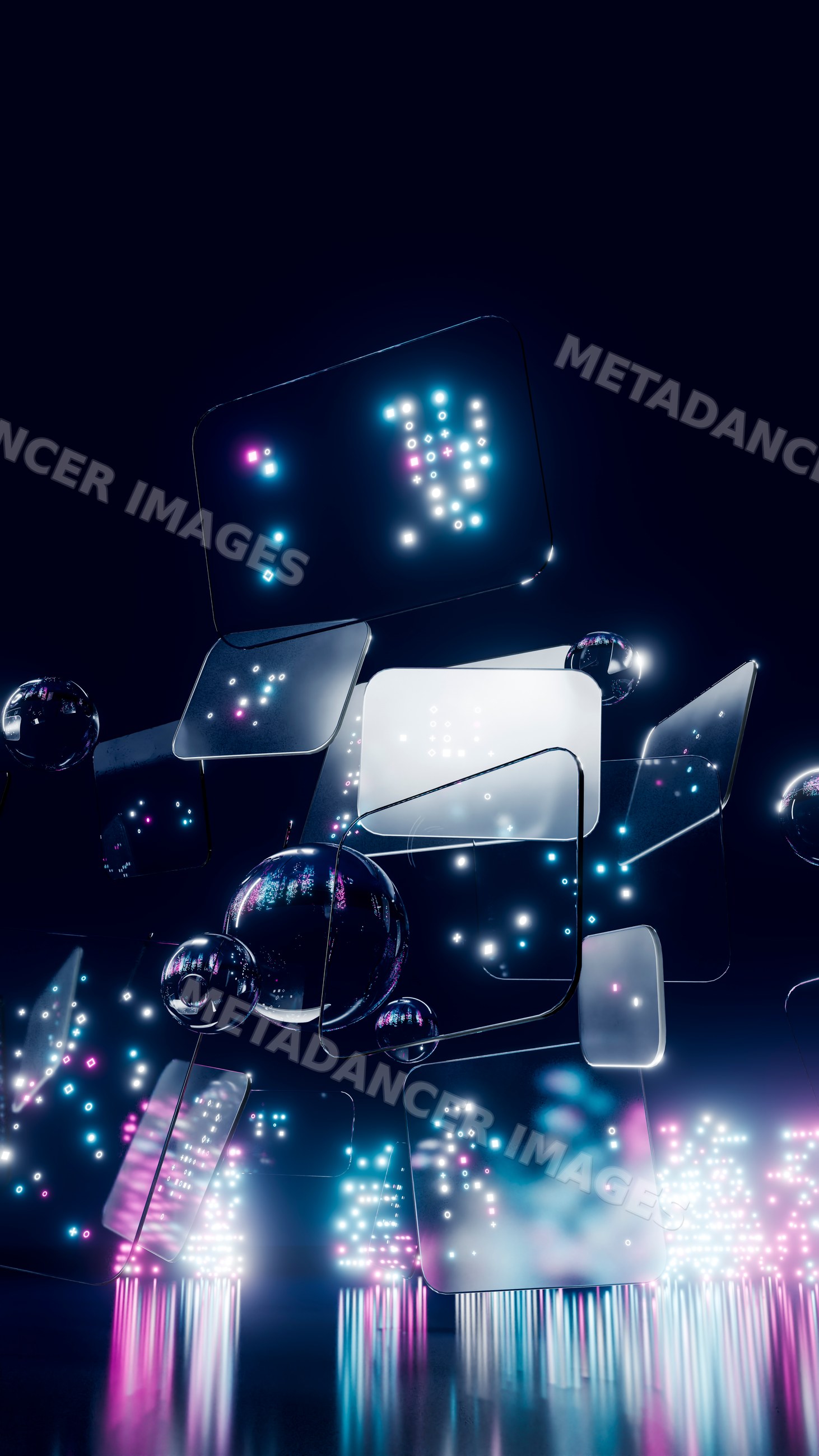 Digital interface with floating screens and glowing spheres