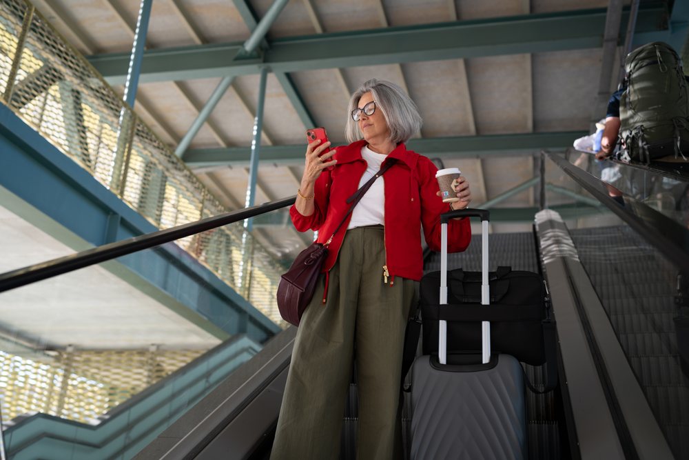 Middle-aged white woman using phone on airport escalator with luggage