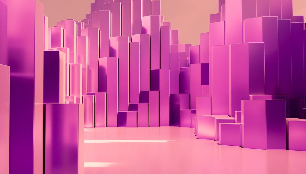 Abstract purple rectangular blocks stacked like a futuristic cityscape