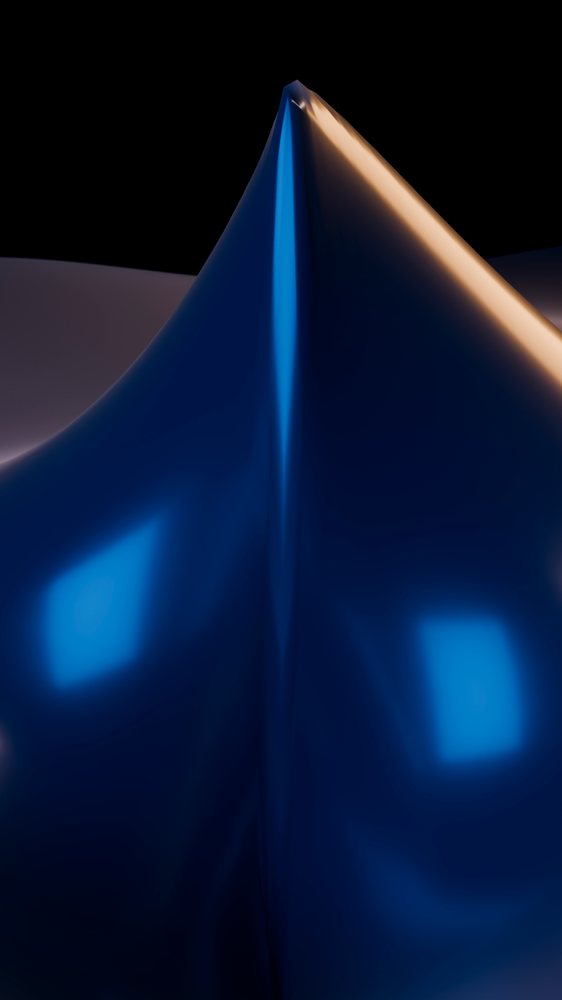 Blue abstract sculptural form with sharp peak and reflective surface