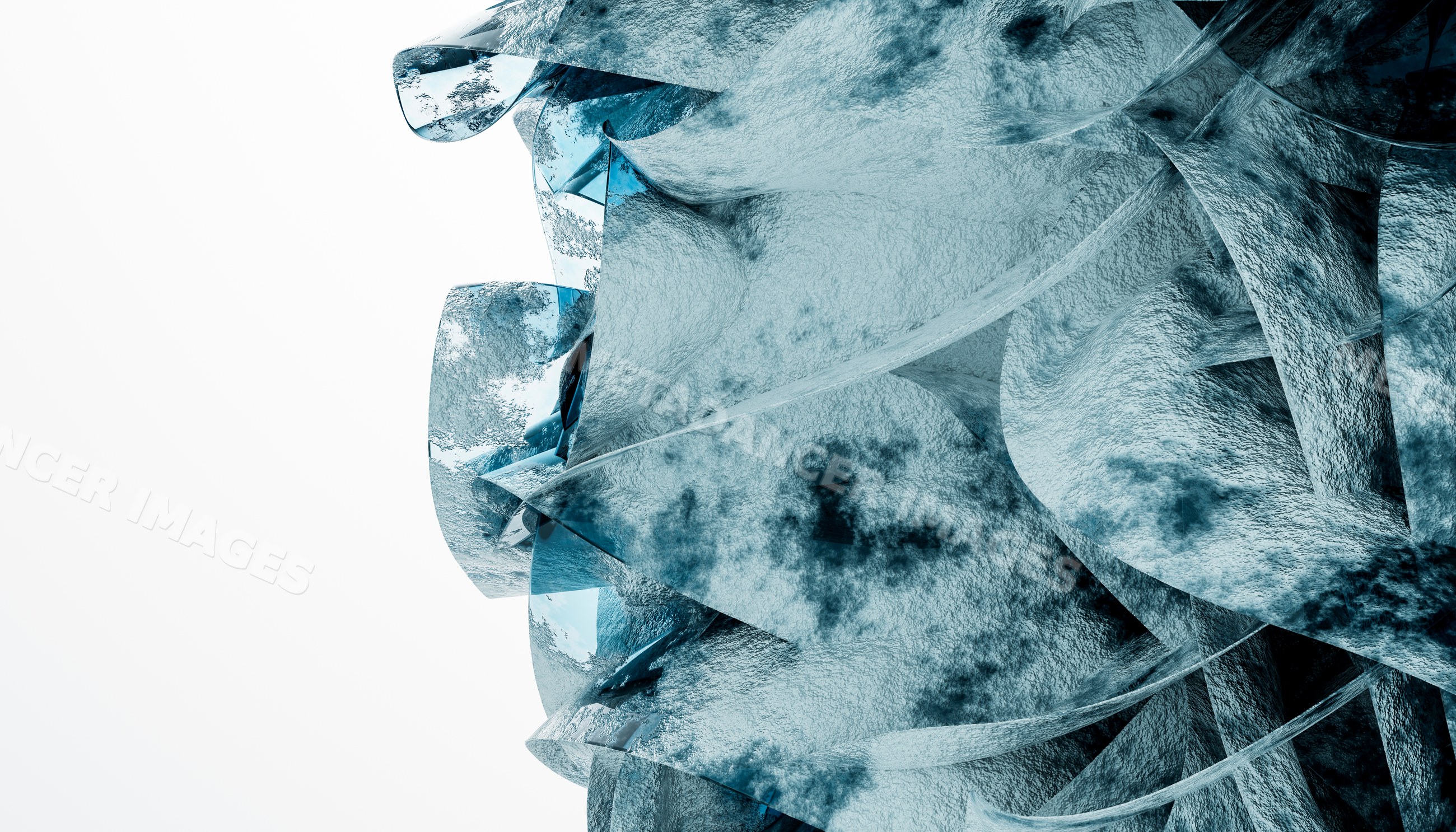 Abstract blue curved glass structure with reflective texture