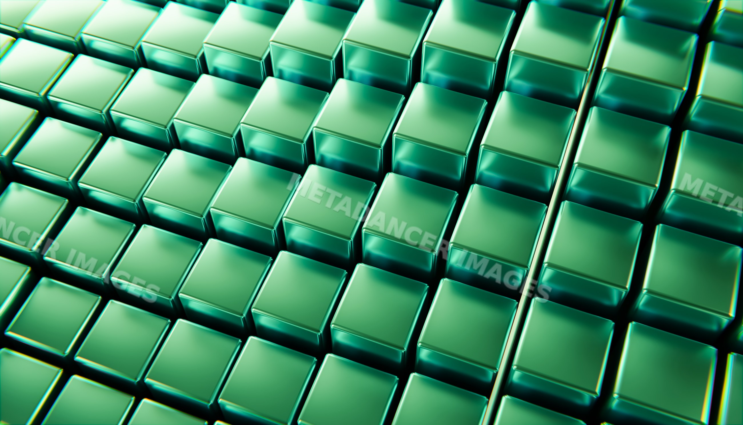 Green glossy cubes in an abstract 3d geometric pattern