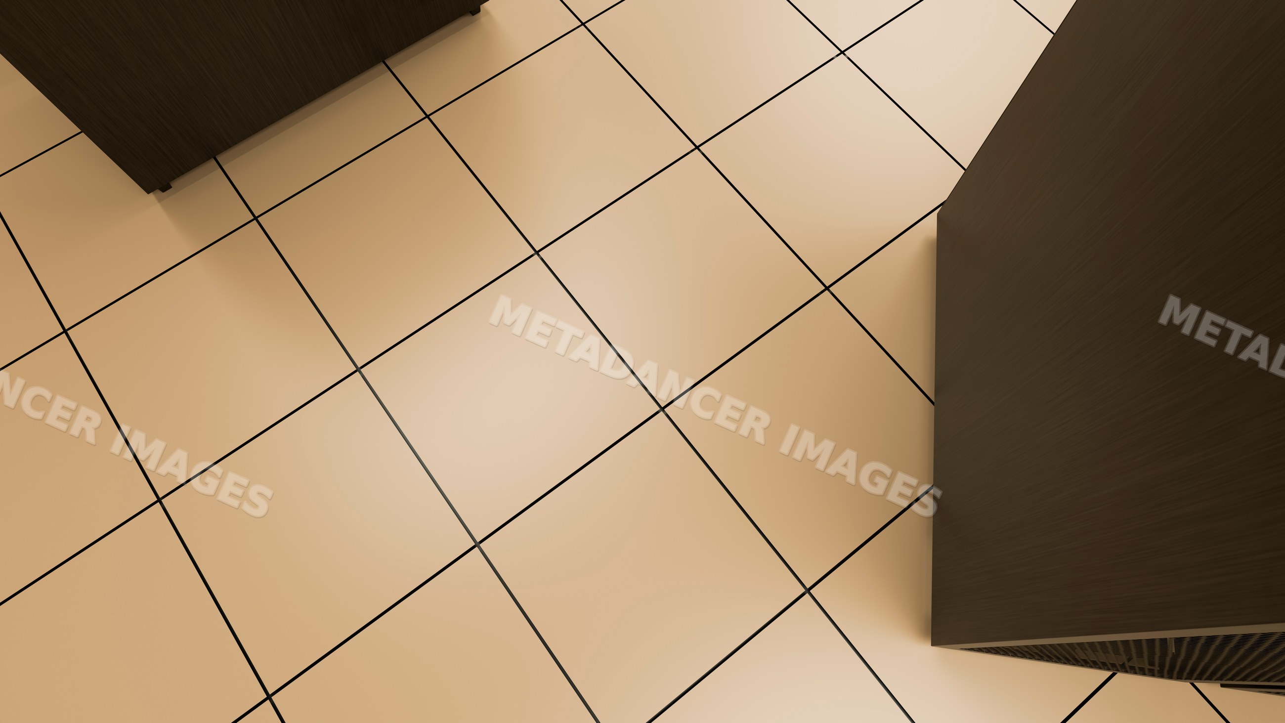 Indoor floor with beige square tiles and black grout