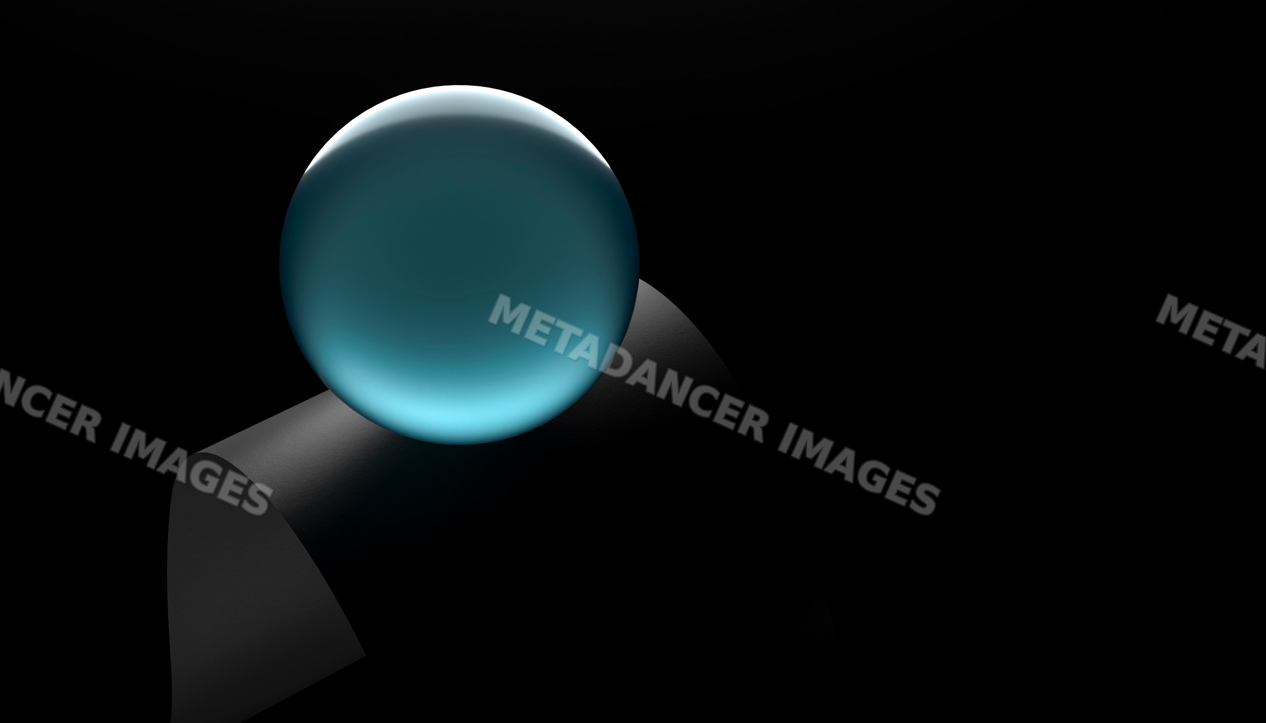 A glowing blue glass sphere on a matte black curved base