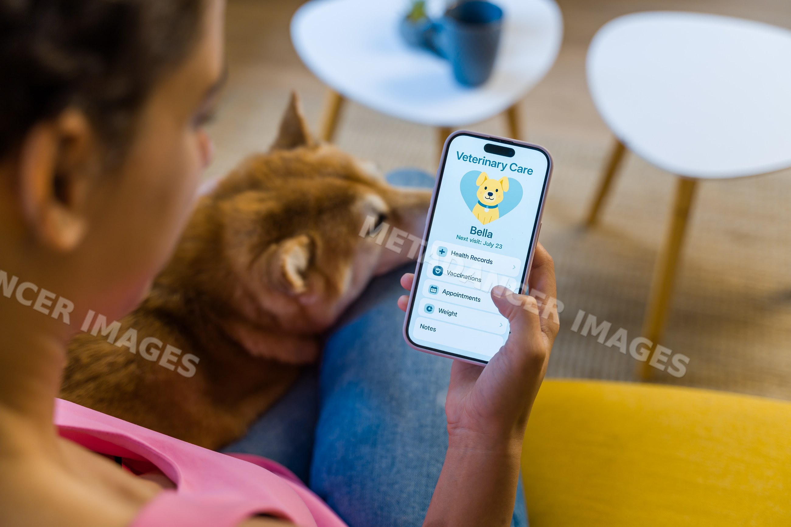Hispanic Person using an animal health app to manage dog health