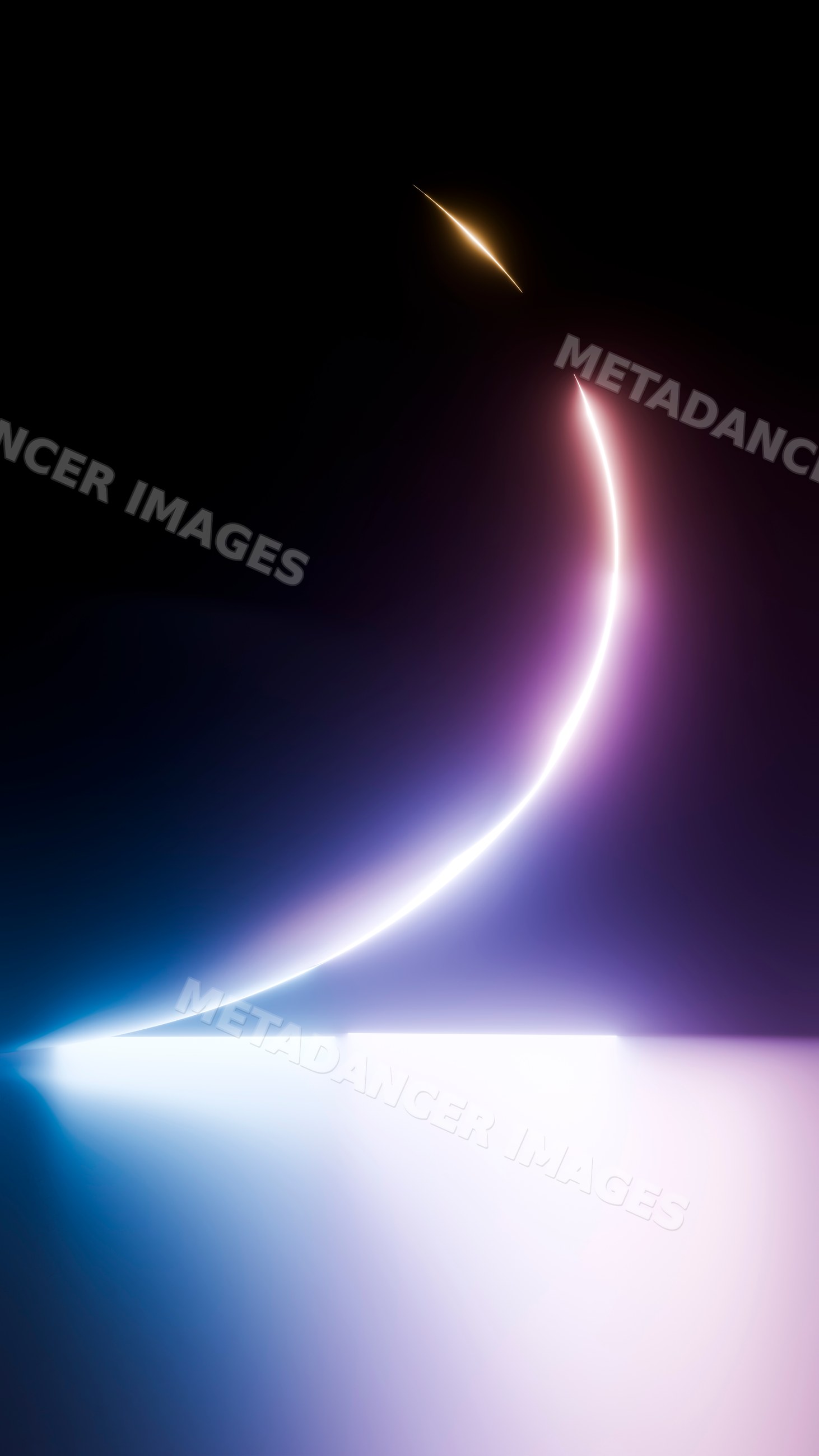 Curved glowing light trails on dark reflective surface