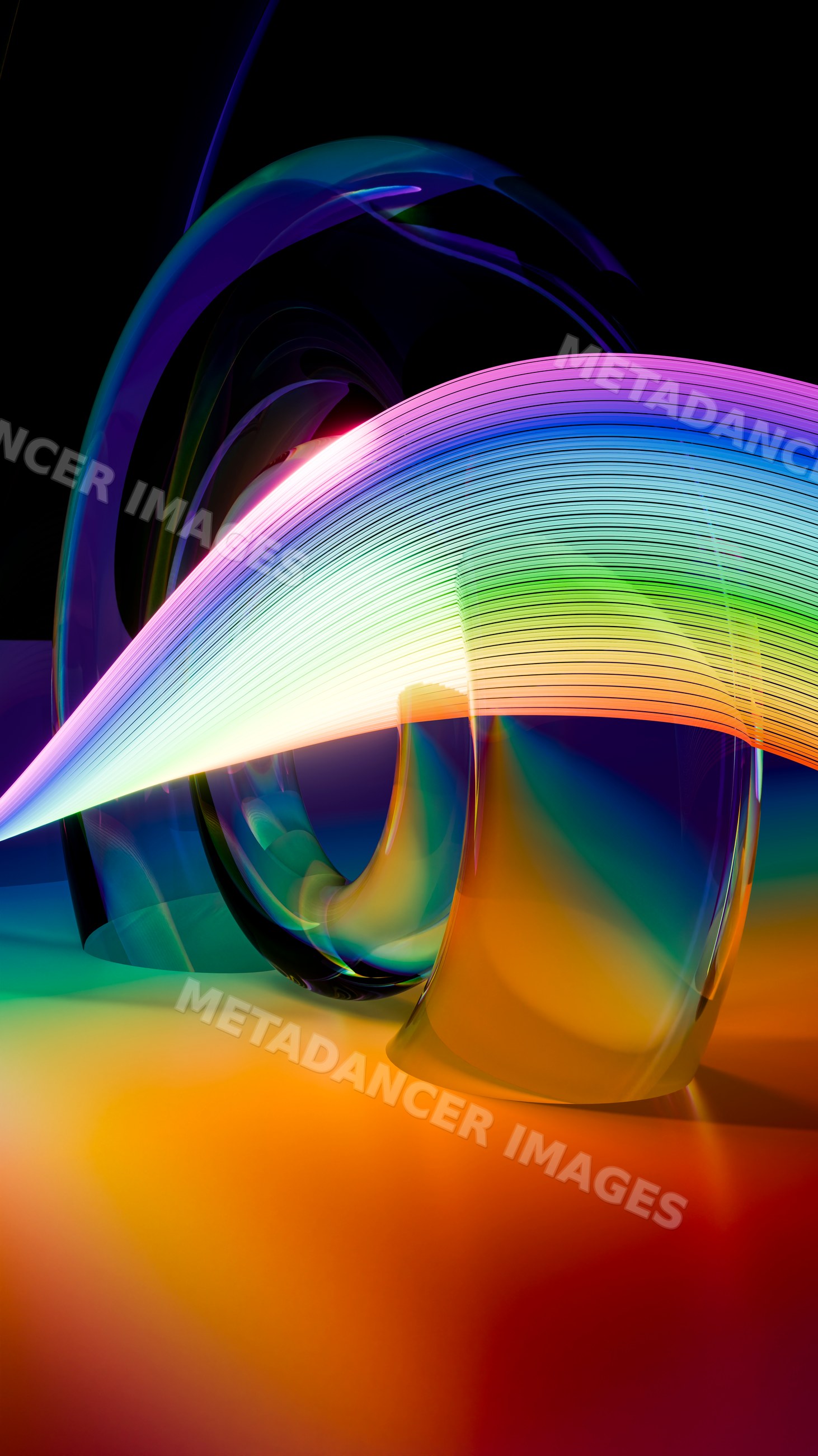Abstract digital art of colorful flowing light waves and glass-like