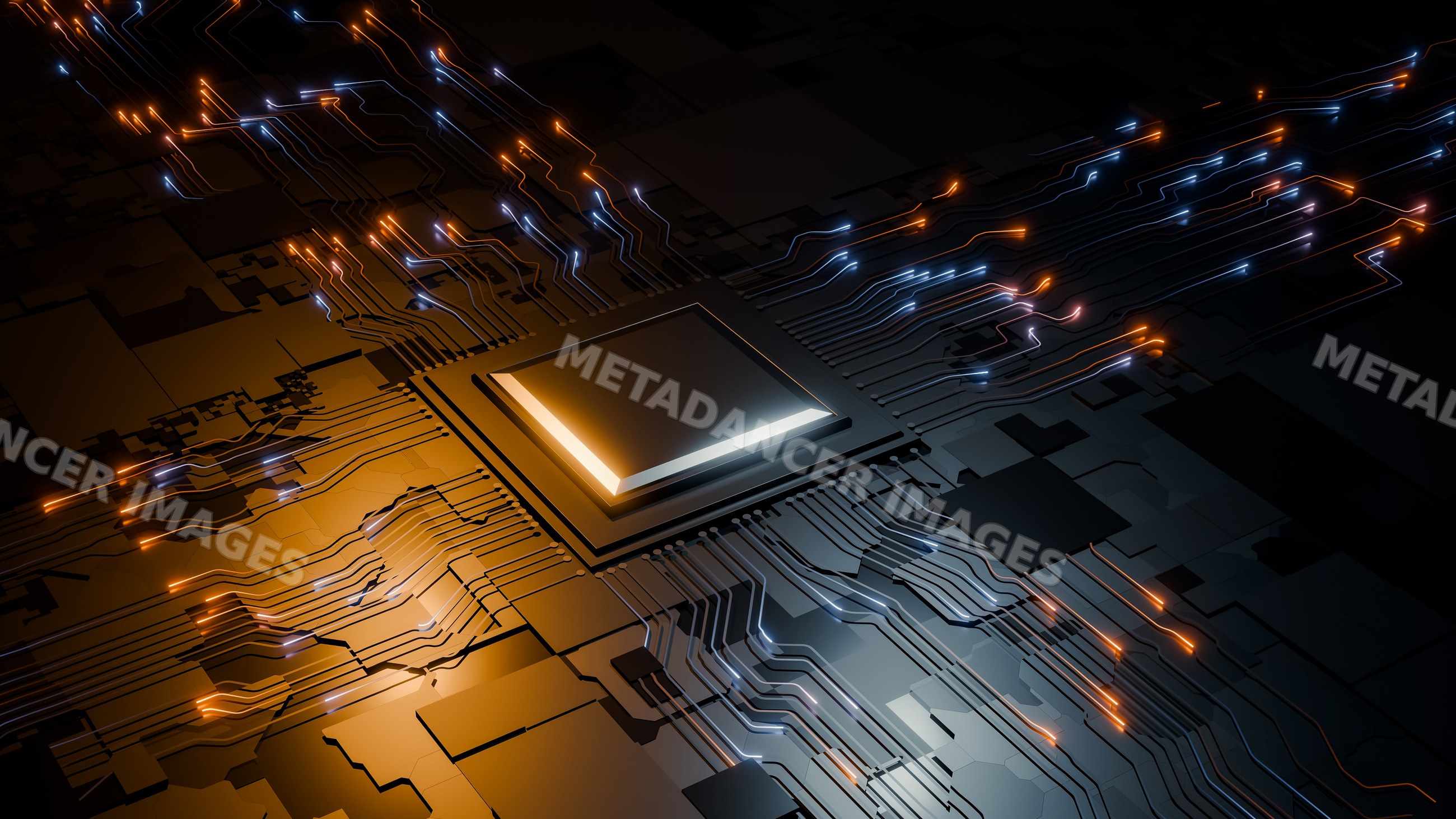 Microchip with glowing circuit paths