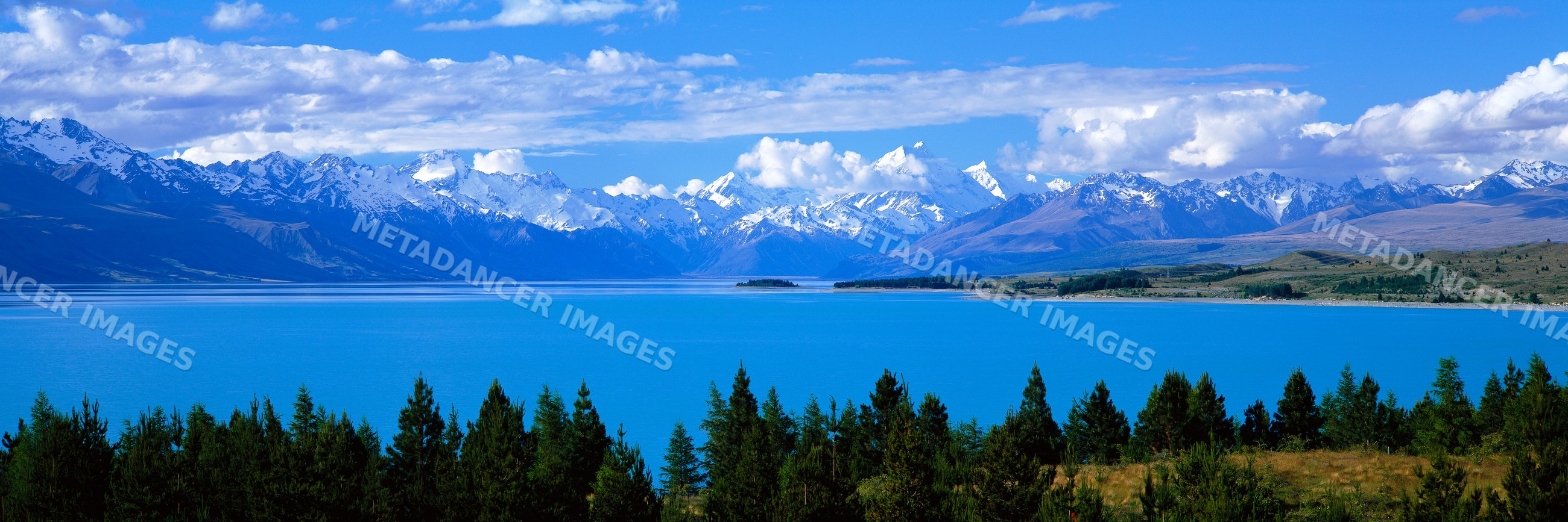 Lake with snow-capped mountains and pine trees under blue sky