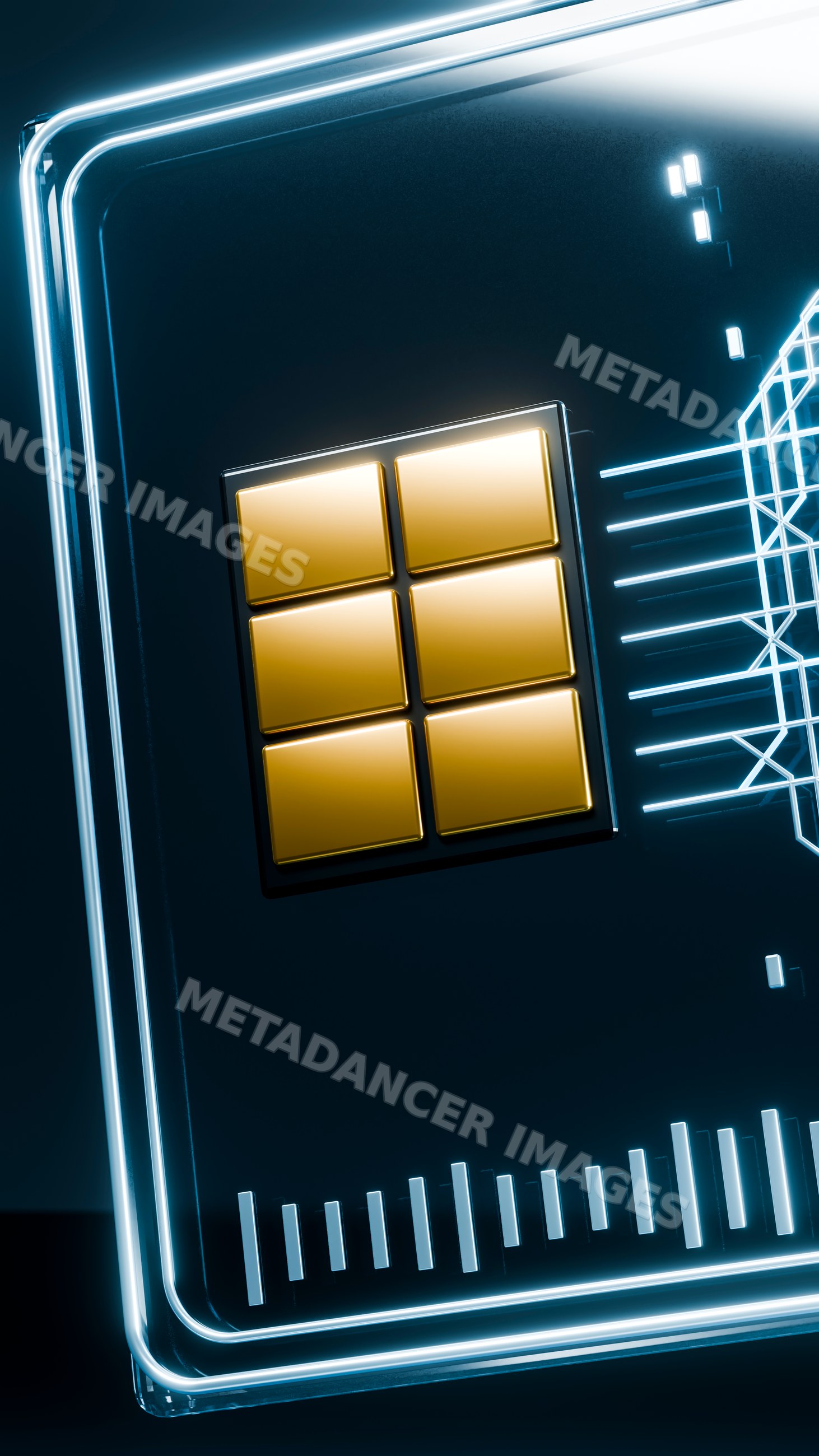 Gold microchip closeup with glowing circuitry design