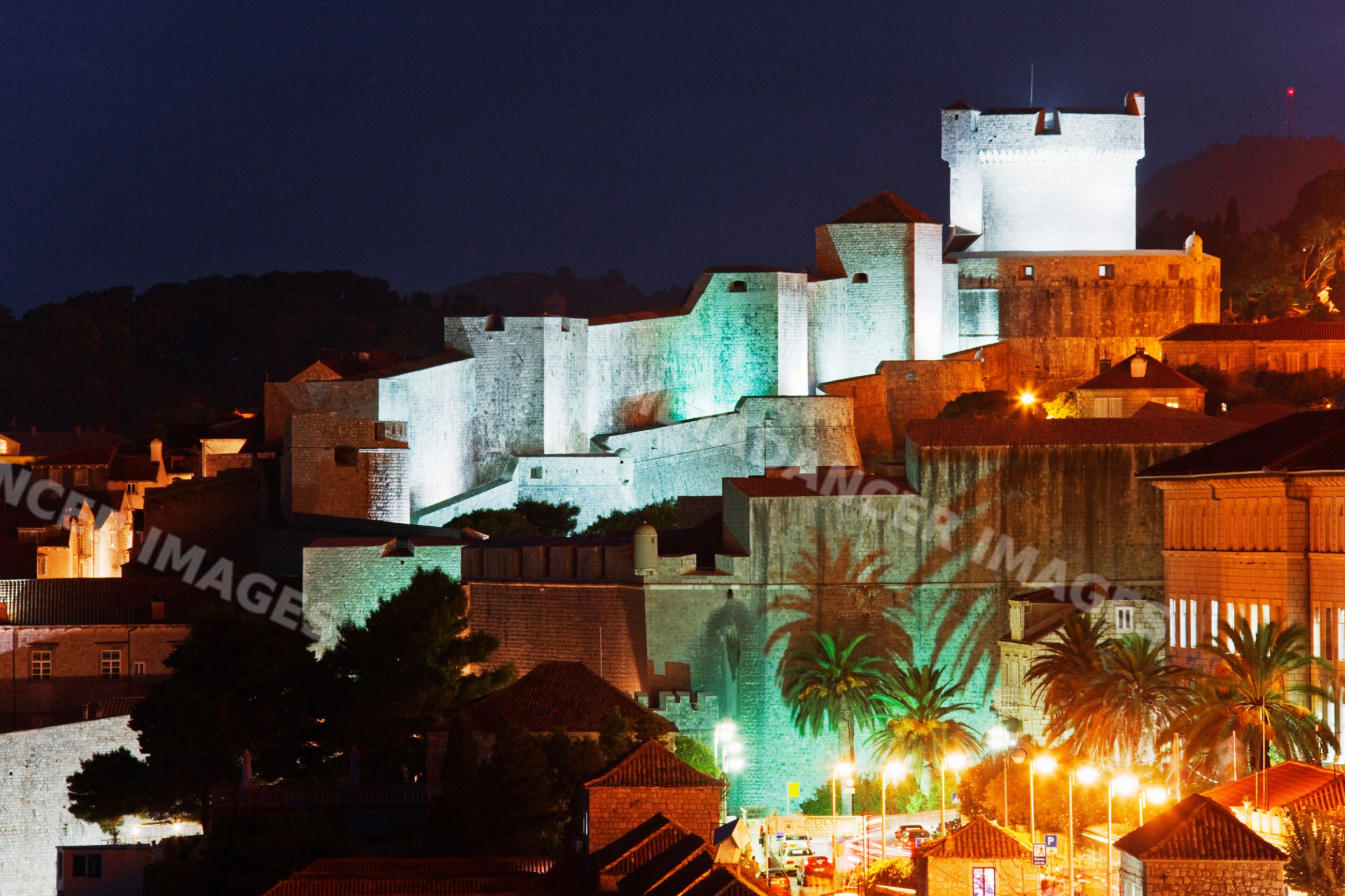 City wall in the old city of dubrovnik croatia at night