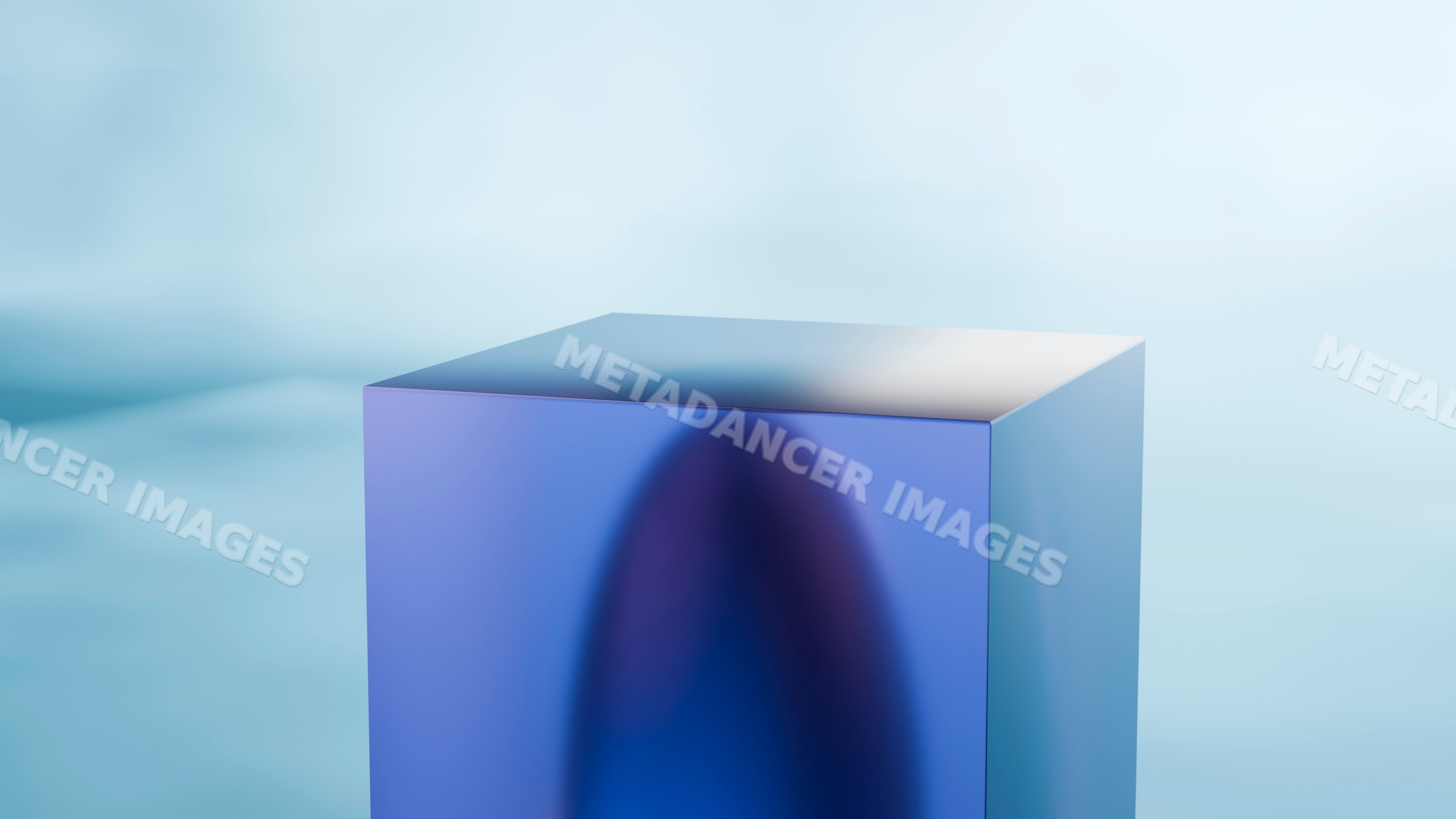 Blue translucent cube with gradient colors in minimalist art style