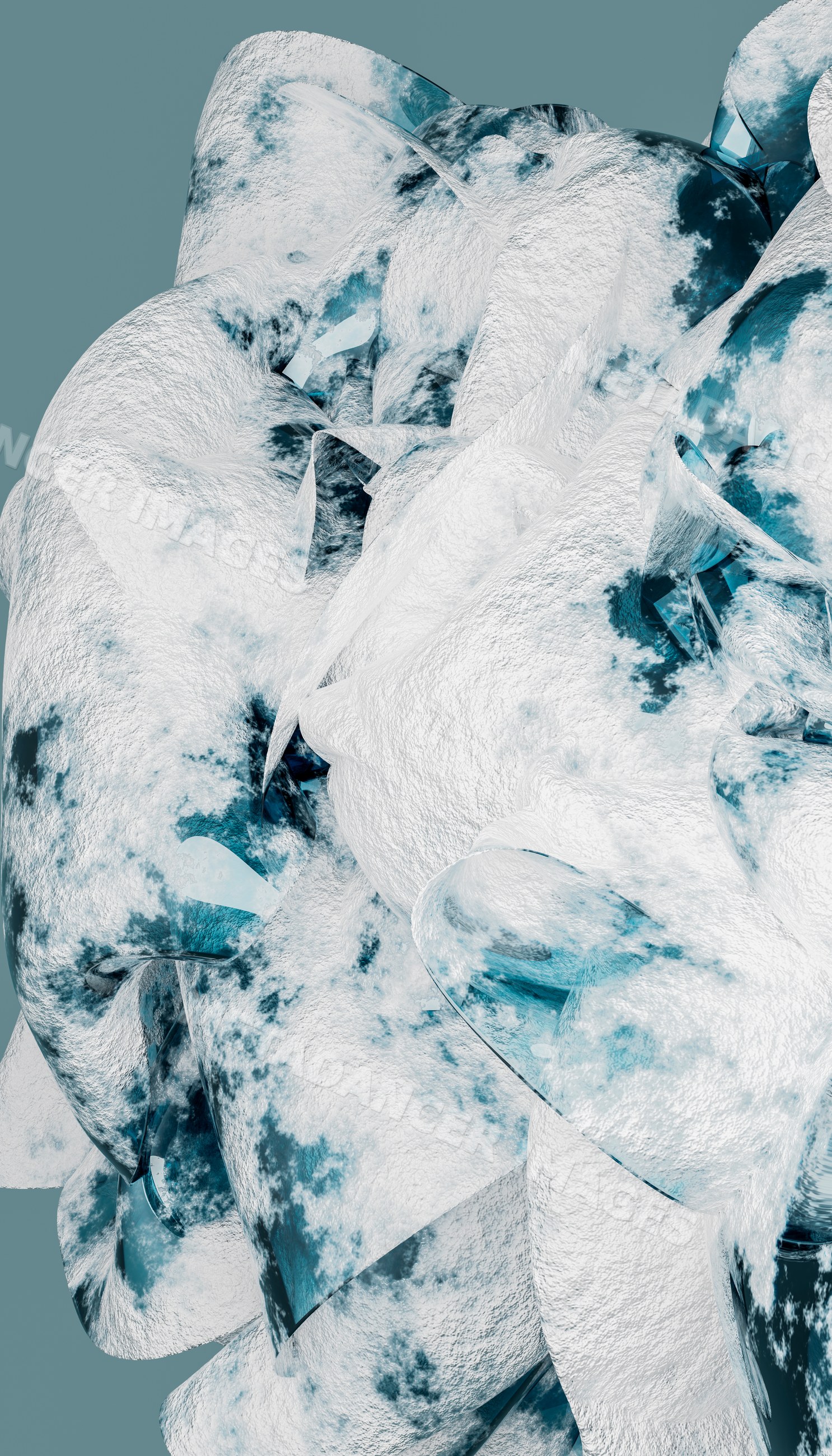 Abstract ice sculpture with textured frosty surfaces and blue patterns