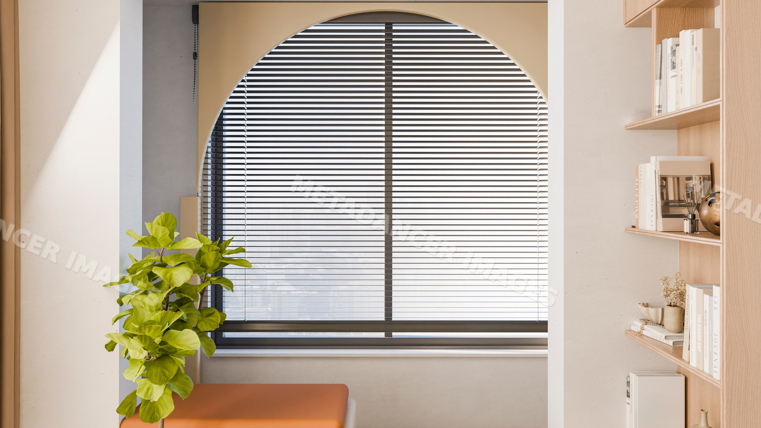 Modern interior with arched window blinds, plant, and bookshelf