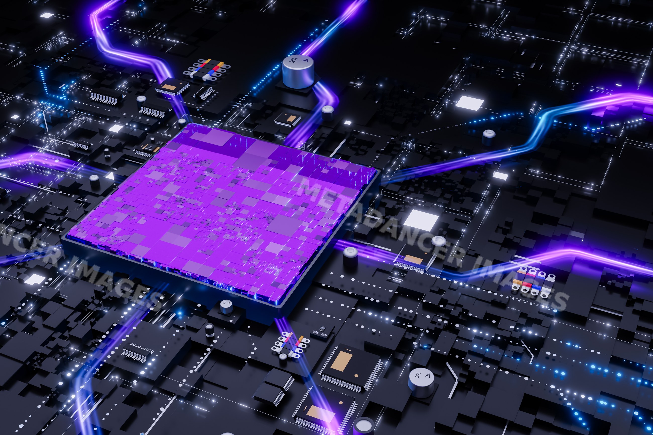 Microchip with glowing purple light trails on electronic circuit board