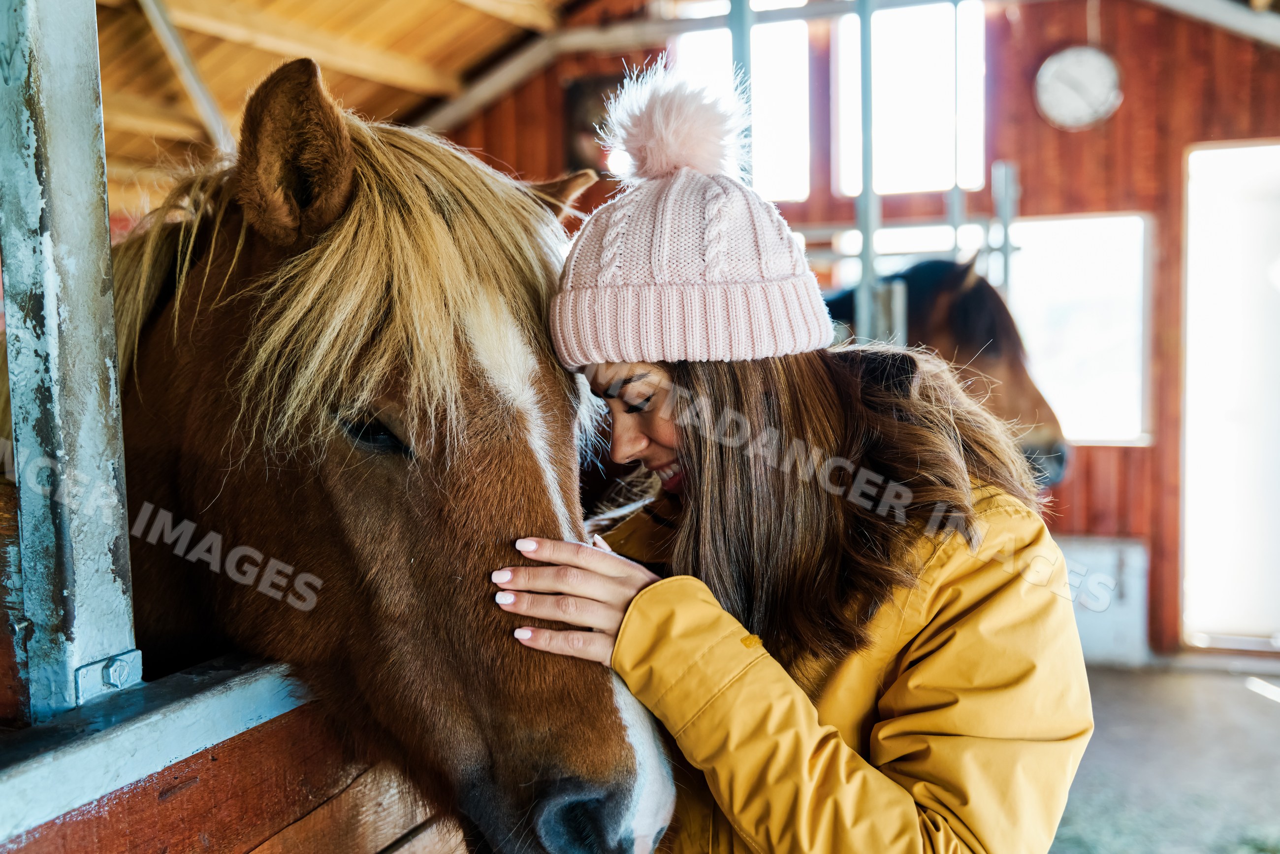 A white woman gently pets a brown horse inside a stable in Iceland