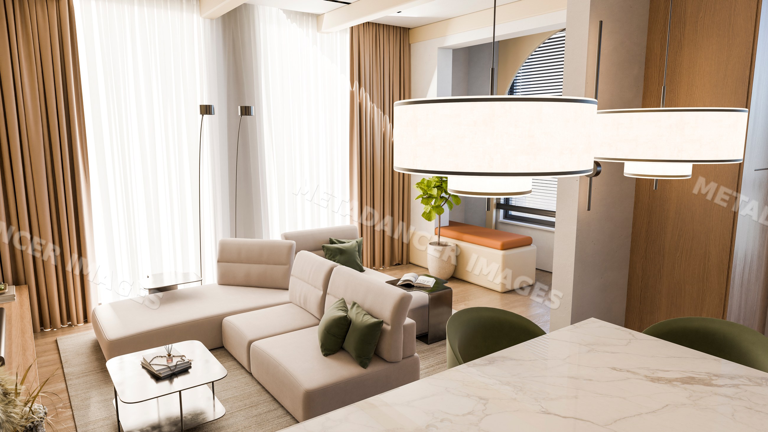 Modern living room with beige sectional sofa and marble countertop