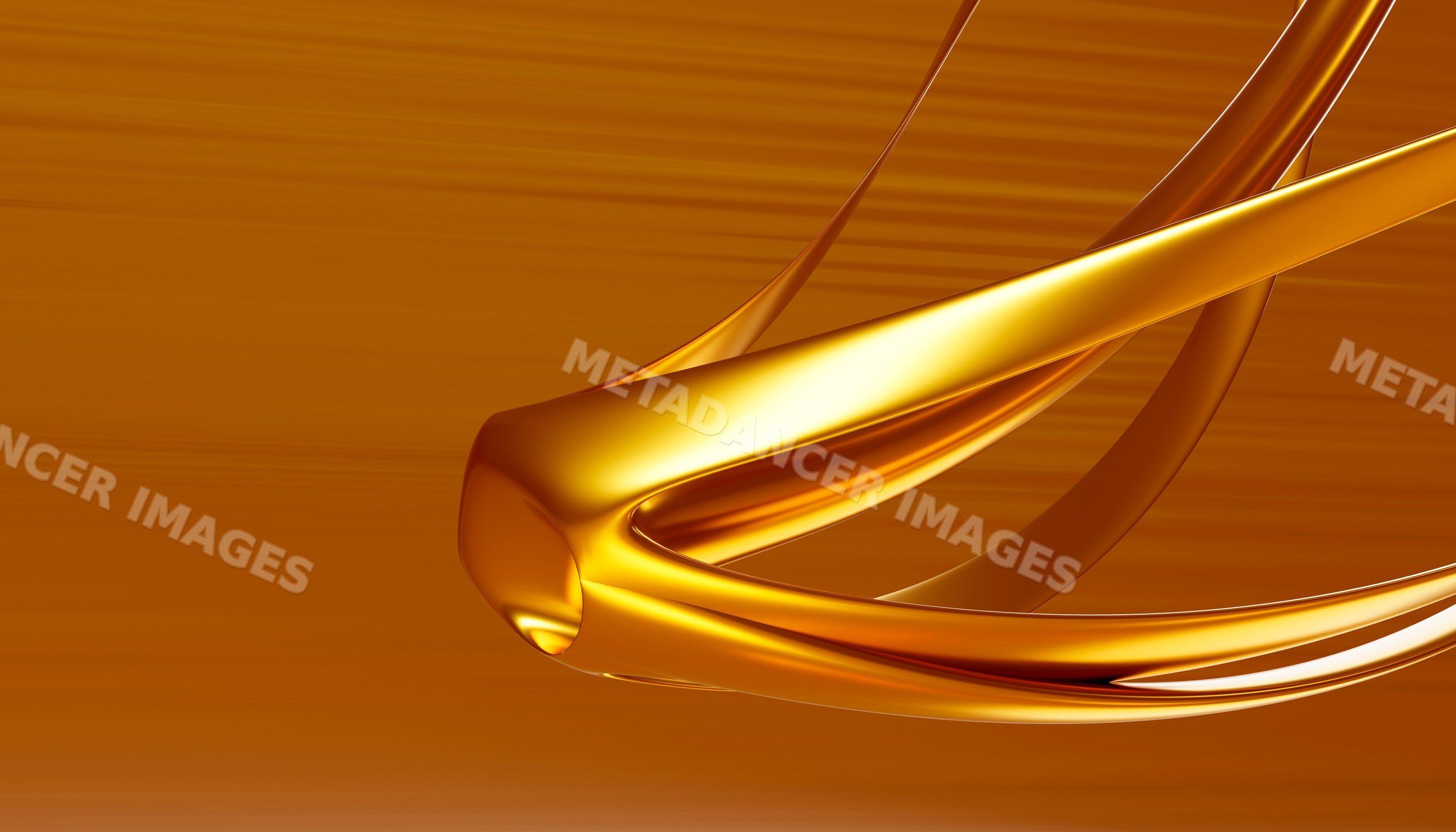 Golden liquid metal splash flowing with smooth curves on orange