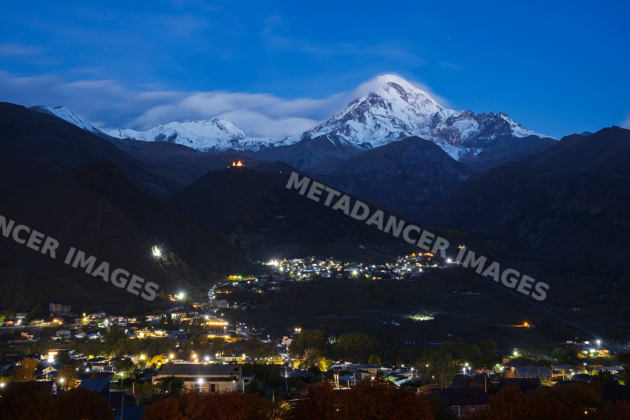 Stepantsminda village with Mt Kazbegi at Dawn in Georgia