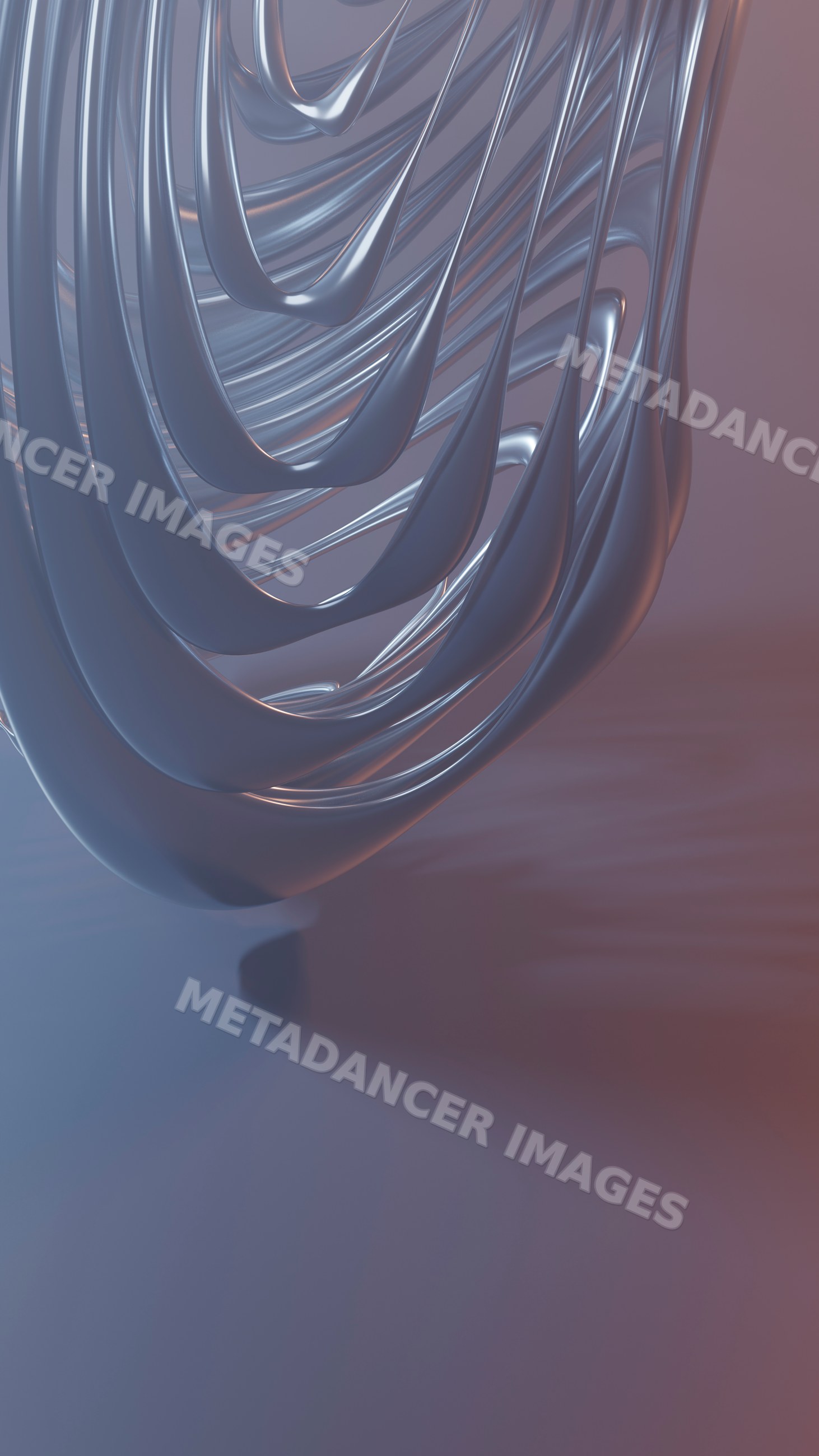 Abstract silver metallic flowing shapes in a 3d digital sculpture