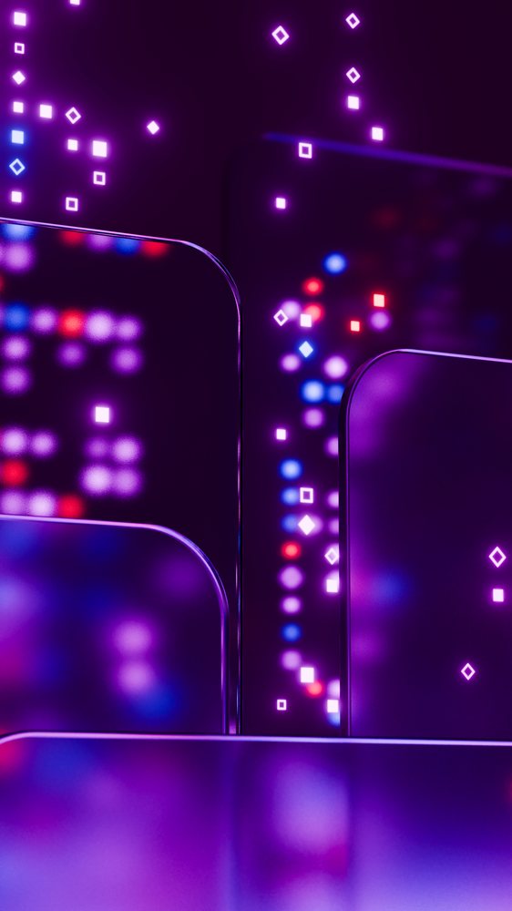Purple neon light panels with glowing square and diamond shapes