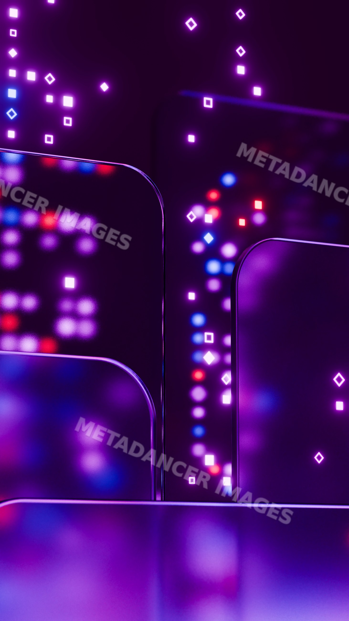 Purple neon light panels with glowing square and diamond shapes