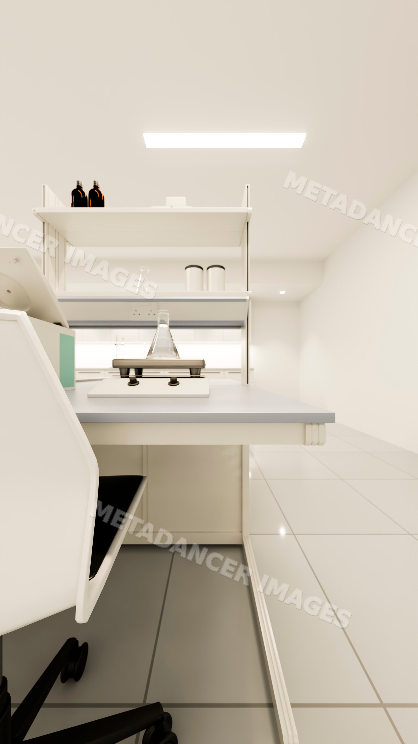 Laboratory desk with scientific equipment in clean white room