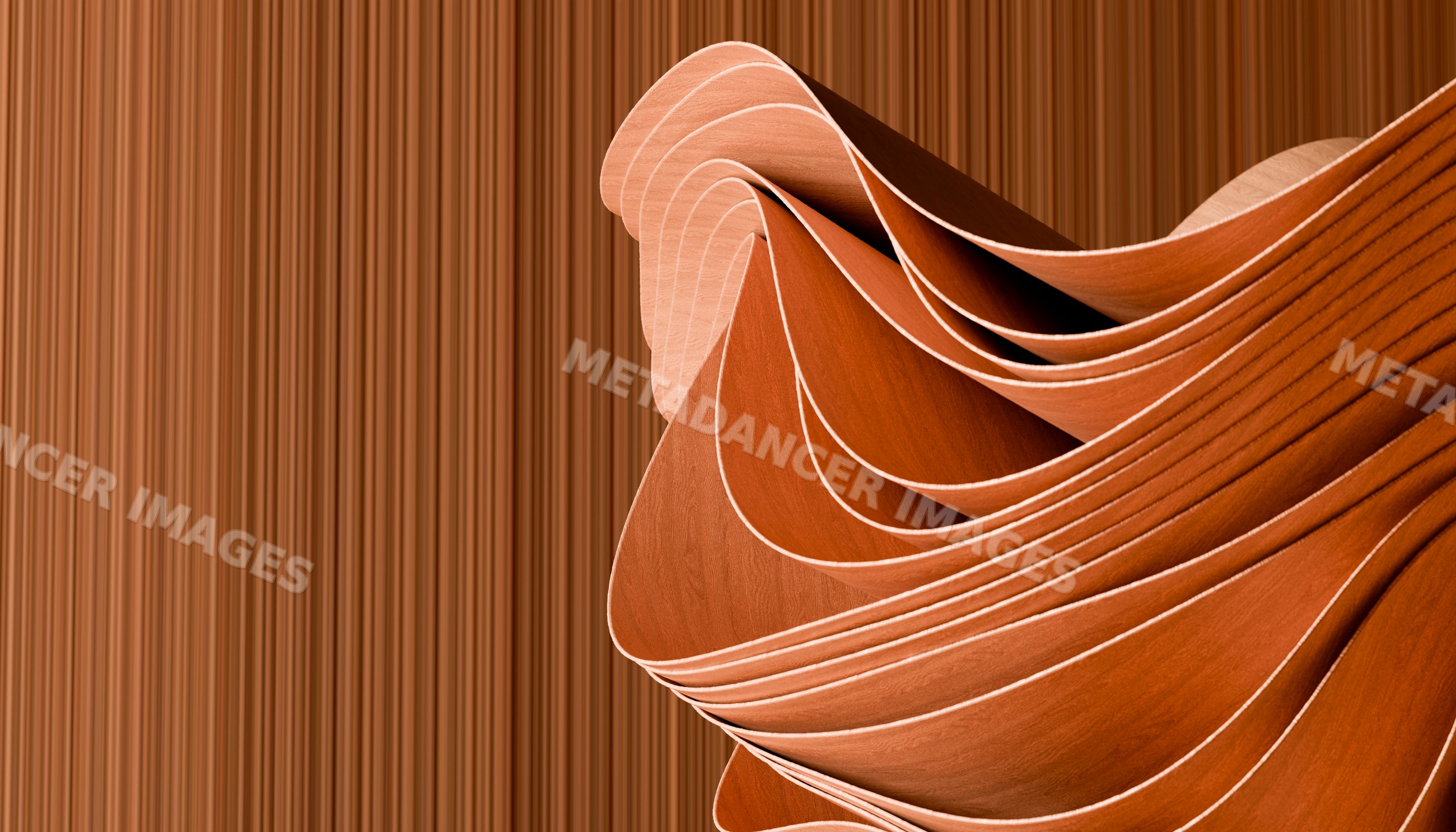 Stacked curved thin wood sheets showing natural wood grain texture