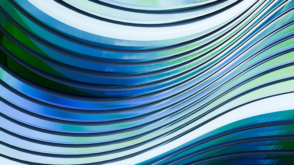 Abstract digital illustration with flowing blue and green wavy curved