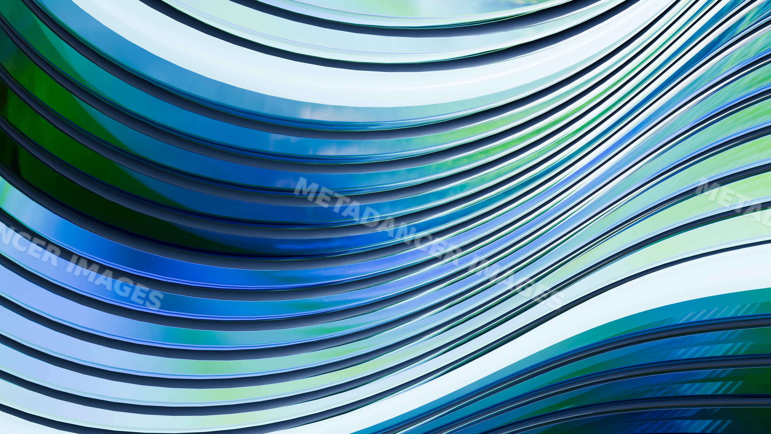 Abstract digital illustration with flowing blue and green wavy curved