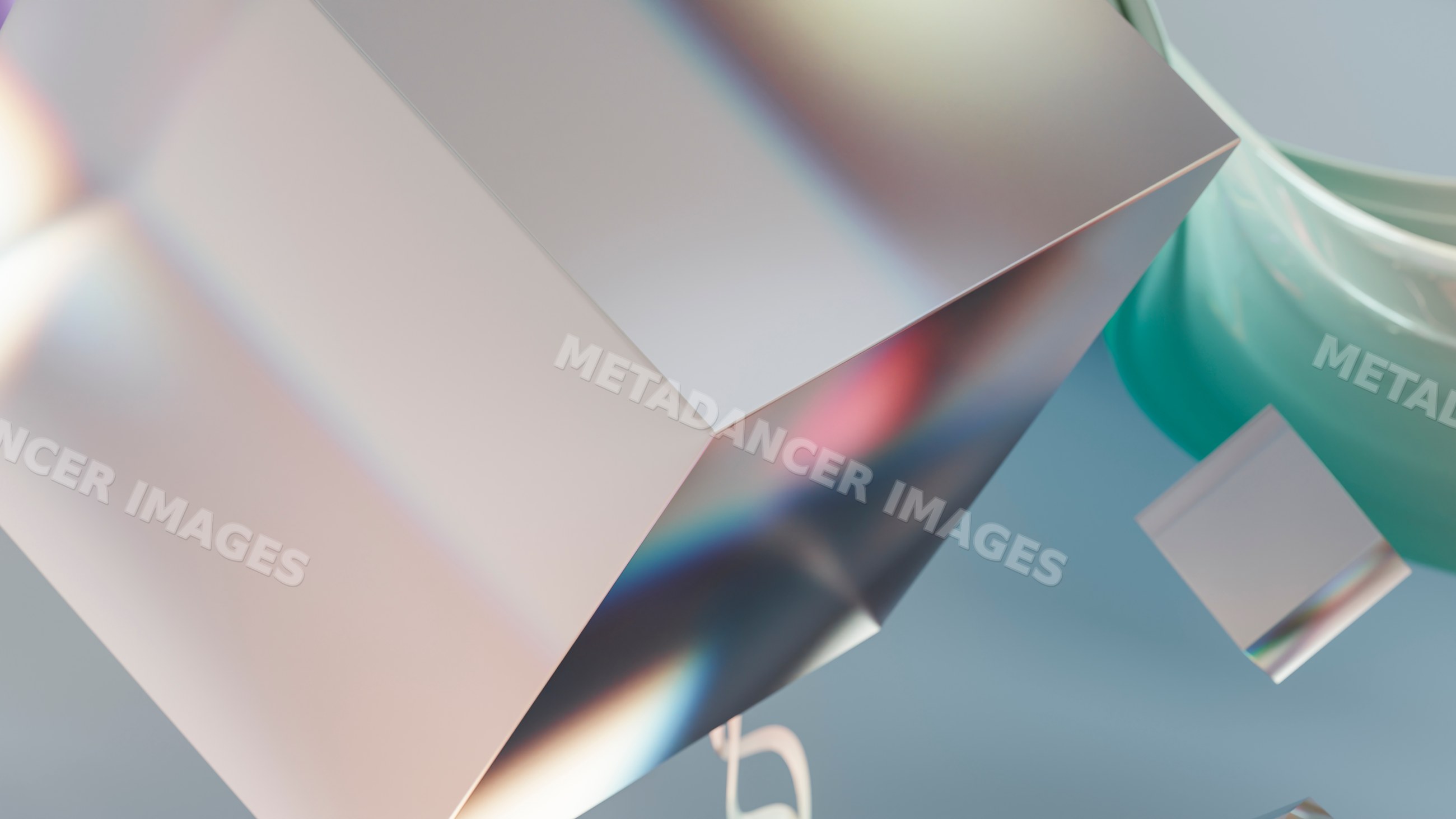 Metallic reflective cubes floating with colorful light reflections